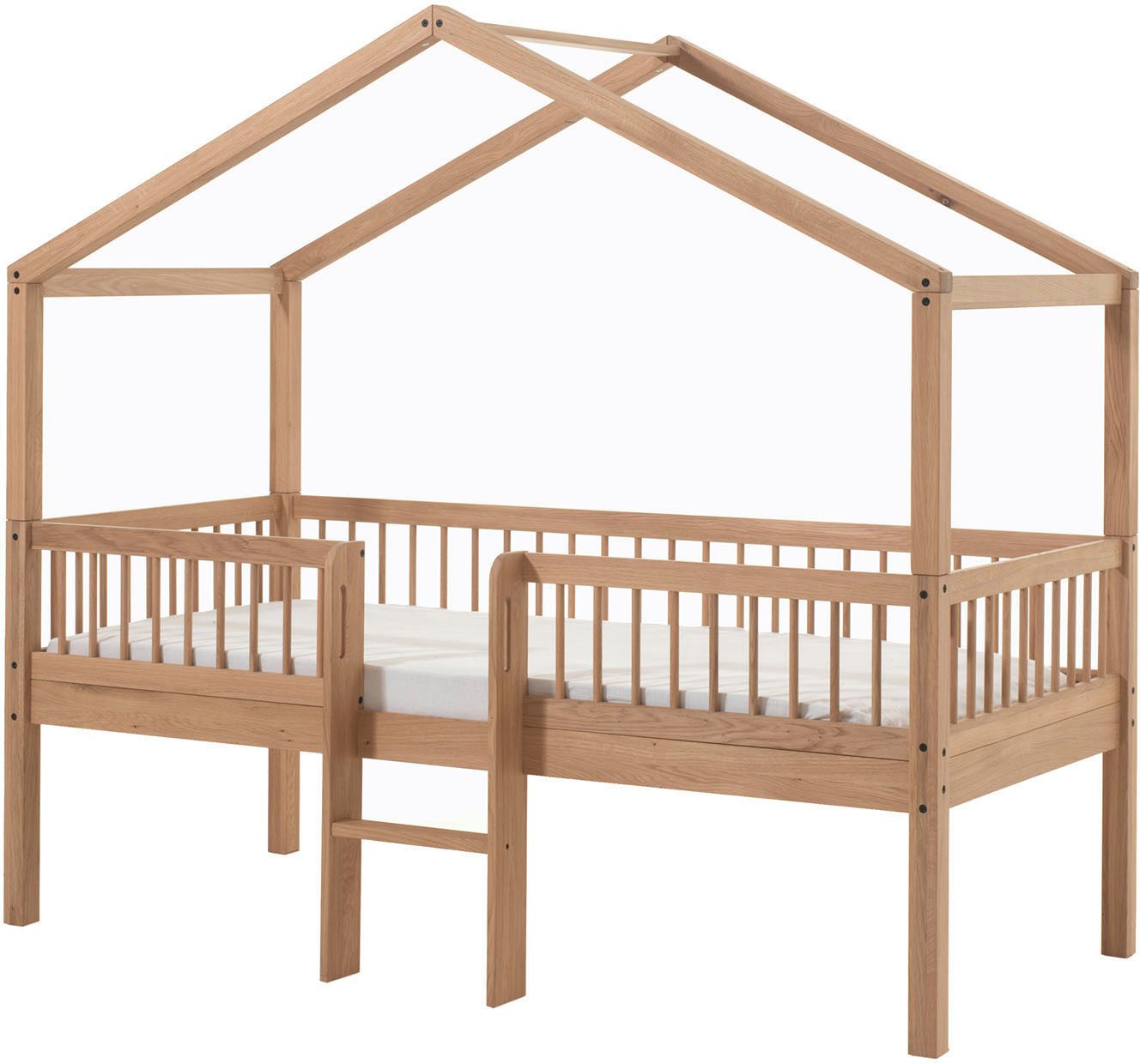 Vipack Hausbett Forrest ist ein hochwertiges Massivholz Haus Bett "Made in Europe" (inkl. Rolllattenrost, Dachaufbau, Absturzschutz und Leiter), wahlweise aus massiver Eiche geölt oder Buche massiv weiß lackiert