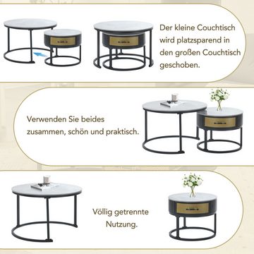 OBOSOE Couchtisch Elegantes zweiteiliges Couchtisch-Set, 70*70*45,5+50*50*40 cm, Platte aus grauem Marmorplatte und Schubladen aus Massivholz