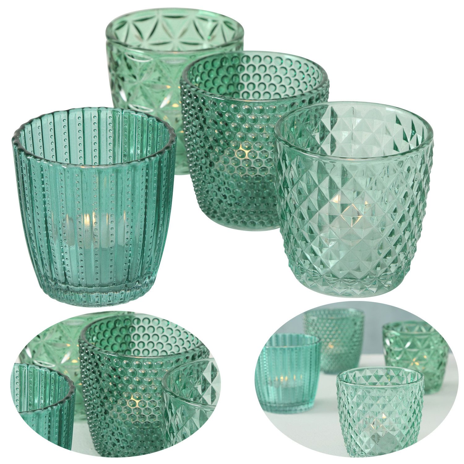 LS-LebenStil Teelichthalter 4´er Set Teelichtgläser Retro Petrol 7cm Glas Windlicht (4´er Set Kristall Ornament Windlicht für Teelichter, 4 St., Halter Kerzenständer Tischdeko Kerzenhalter Gläser für Teelichter), 7x7cm, 4´er Set Kristall Ornament Windlicht für Teelichter