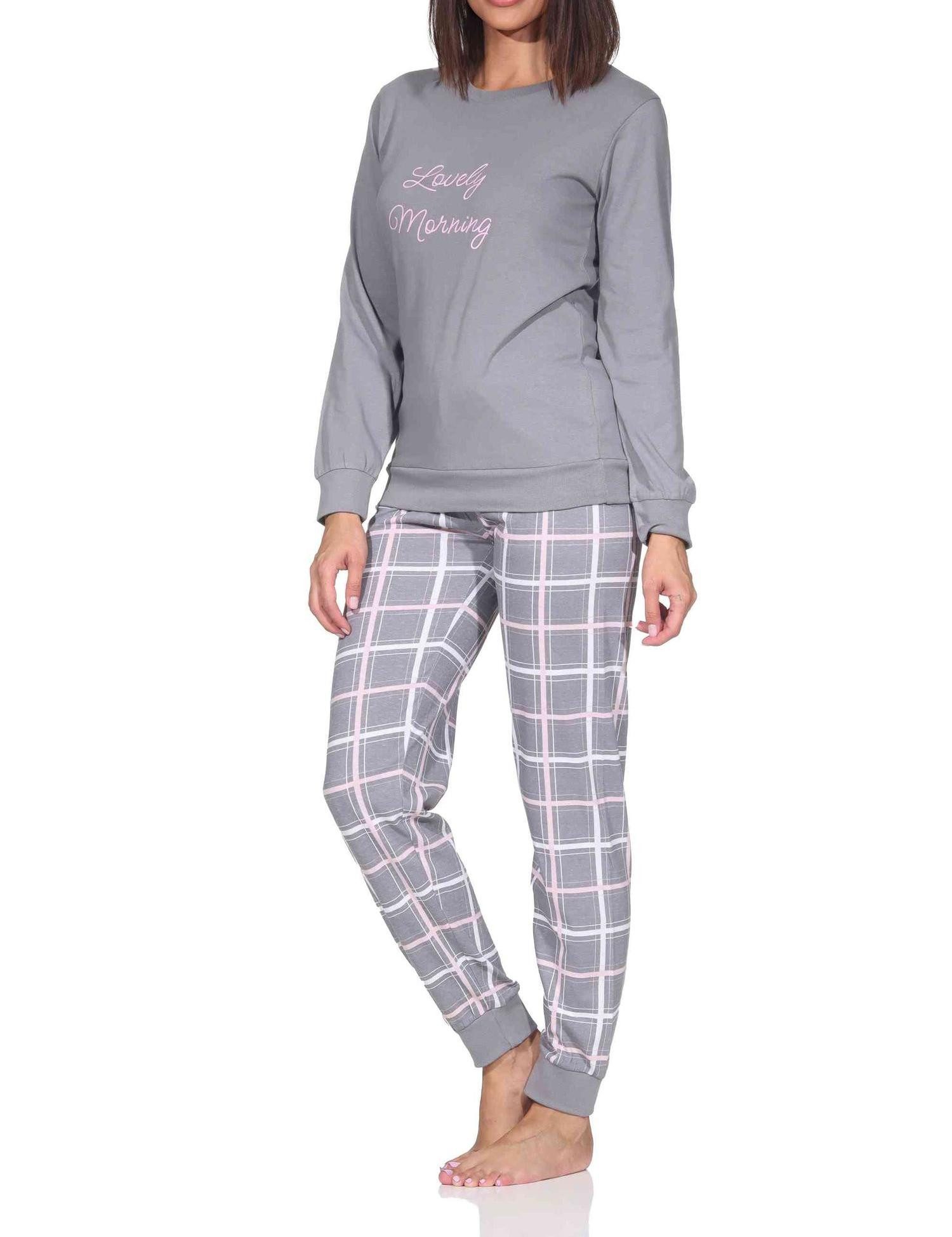 Pyjama Normann Damen Schlafanzug mit Bündchen und Jersey Hose in Karo Optik