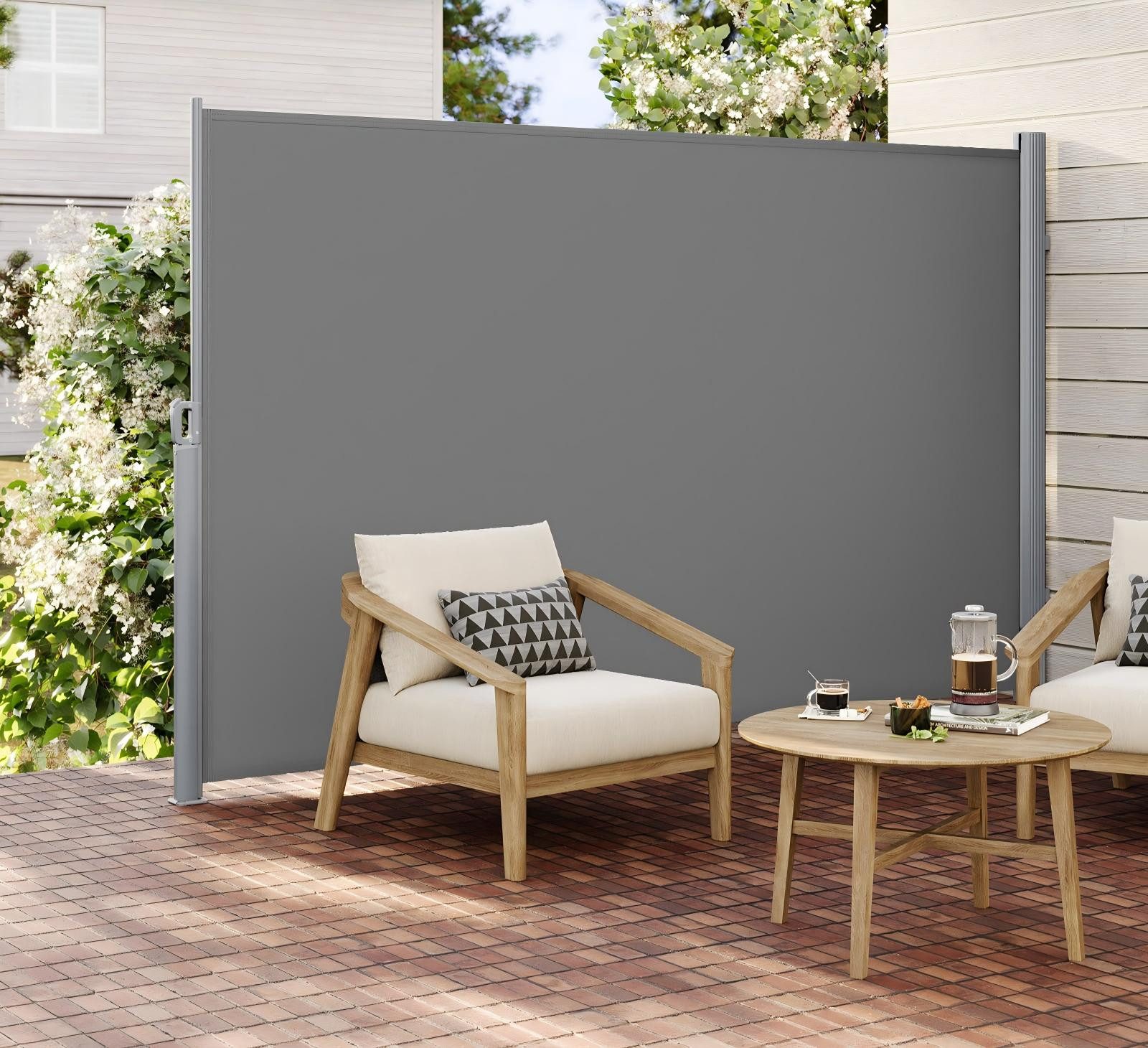 SONGMICS Seitenmarkise ausziehbar, Sichtschutz, balkon terrasse, Windschutz (Sonnenschutz, inkl. Zubehörpaket & Anleitung) Alu, 4 meter, Balkon, mitgelieferte Bodenhalterung