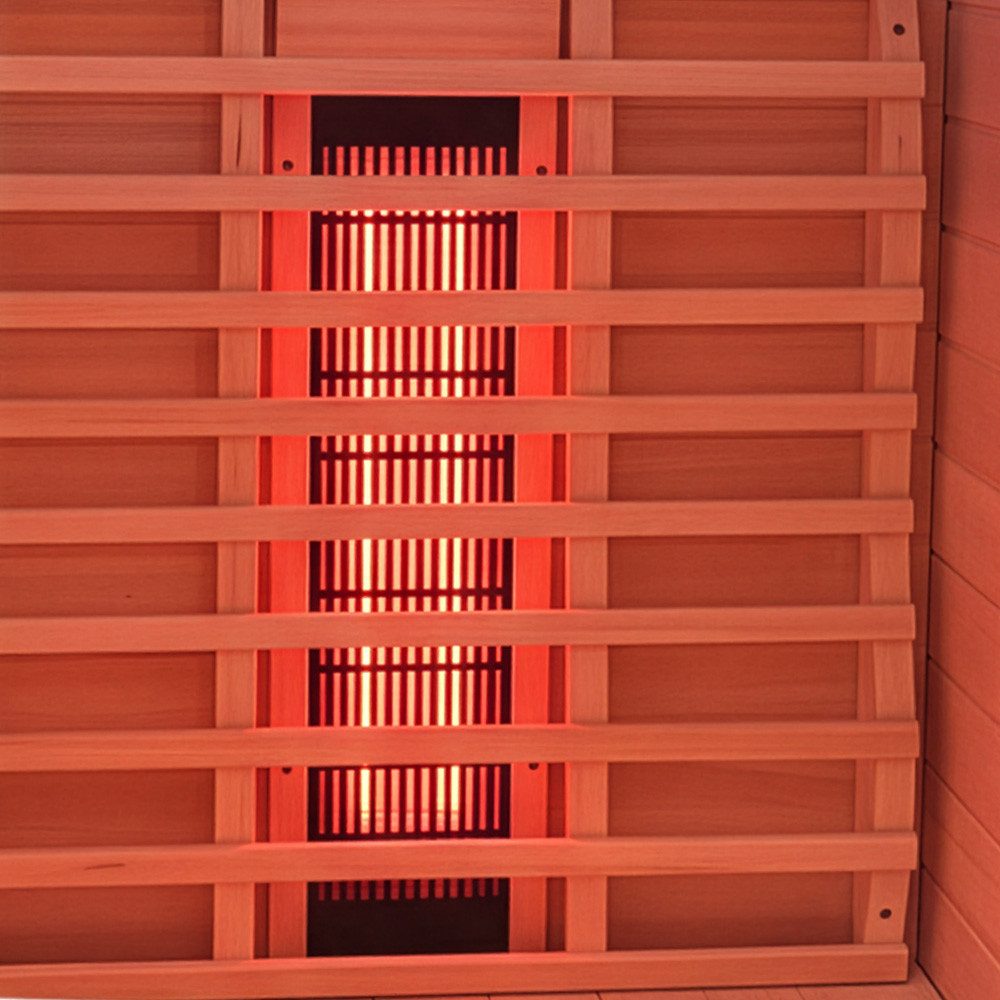 HOME DELUXE Infrarotkabine SONORA - M, BxTxH: 135,00 x 105,00 x 190,00 cm, (USB-Anschluss & Bluetooth, LED-Farblicht, inkl. Ionisator mit Ozondesinfektion, FM-Radio mit MP3-Funktion) 6 Vollspektrumstrahler, für 2 Person, hochwertiges Hemlockholz