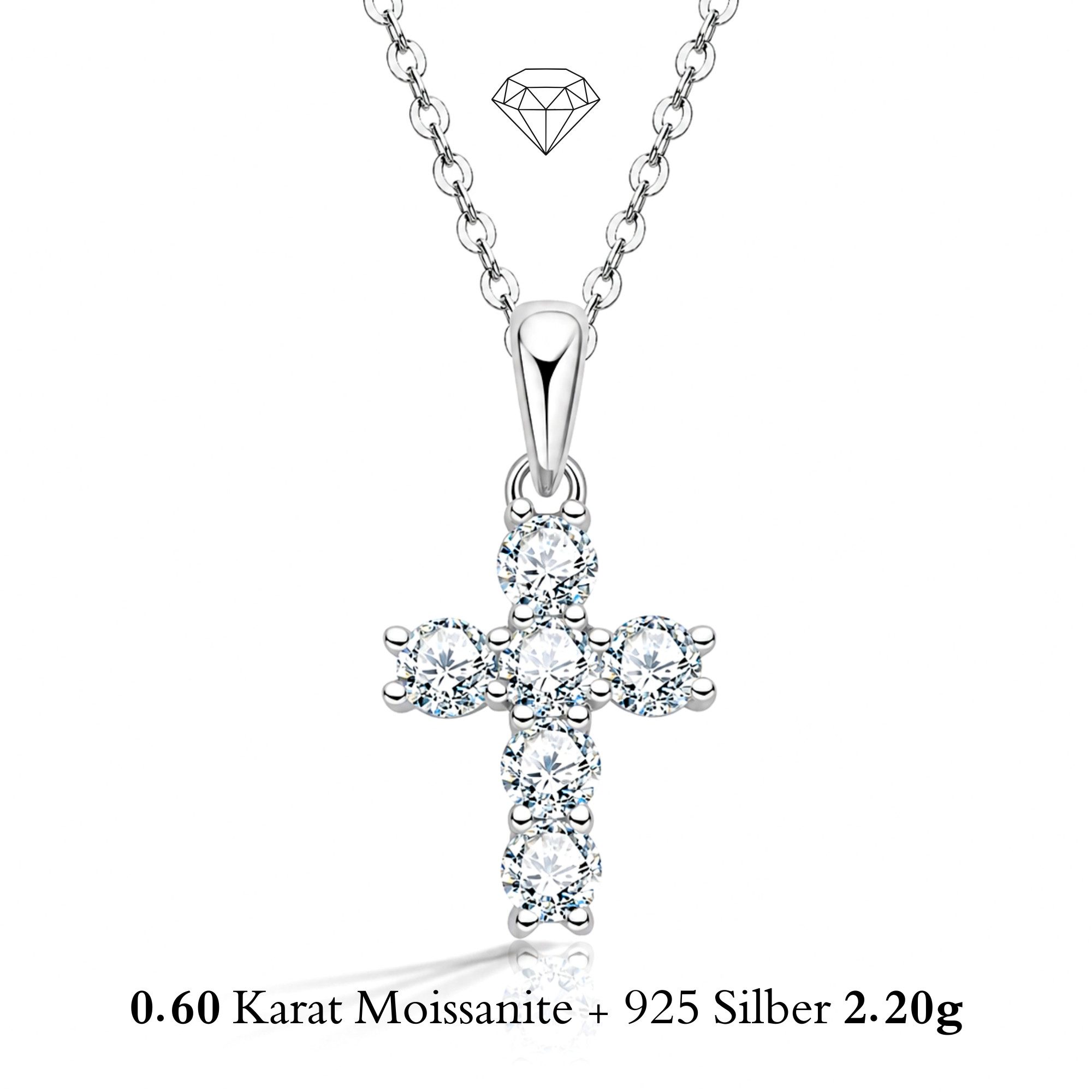 UNIQAL.de Silberkette 925 Silber mit Moissanit 0,60 Karat – Damen Halskette CROSS (Elegantes Kreuzdesign mit funkelnden Steinen, inkl. Luxuriöse Schmuck Geschenkbox), Moissanit VVS1 Reinheit, GRA-Zertifikat, Halskette Geschenk für Damen