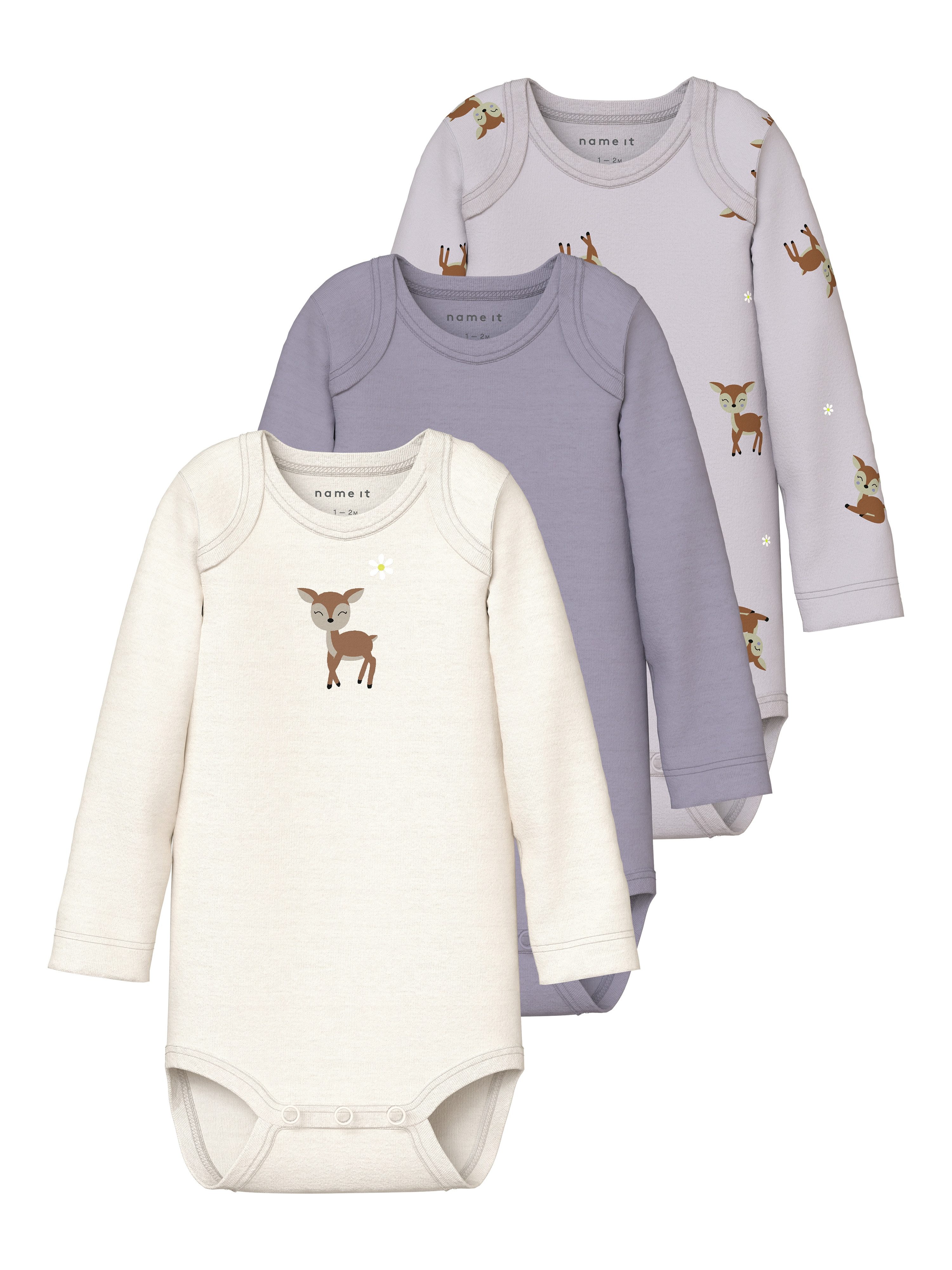 Name It Langarmbody NBFBODY 3P LS LILAC MARBLE DEER NOOS (Packung, 3-tlg)