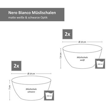 MamboCat Müslischale 4x Nero Bianco Bowls Müsli-Schalen 400ml 4 Personen Schwarz Weiß, Steingut