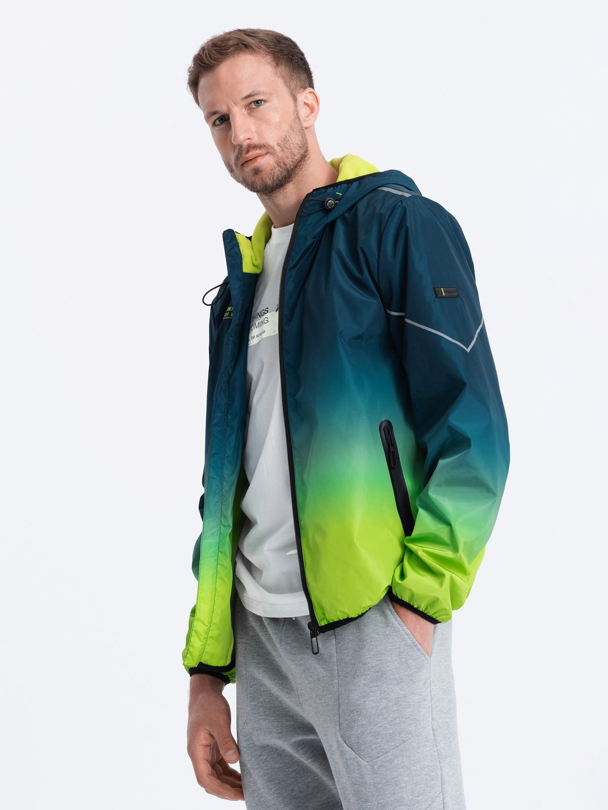 OMBRE Trainingsjacke Herren Sportjacke mit Reflektoren - türkis und limette günstig online kaufen