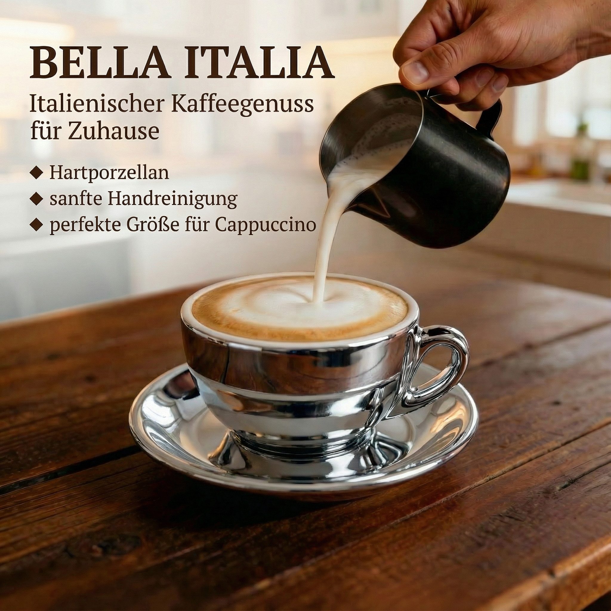 MUVELL Cappuccinotasse 6er Cappuccino-Set "BARI" Tasse 200ml + Untertasse, chrome, 6-tlg., Keramik, 200 ml Silber - Chrome mit weißen Rand und Innenfläche – Bild 3 von 5