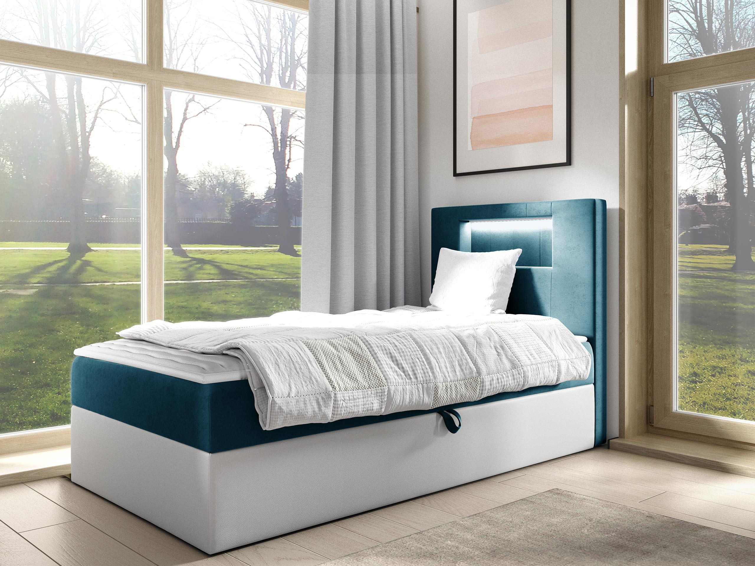 MIRJAN24 Boxspringbett Gold Junior 1 (mit Bettkasten, Polsterkopfteil und Beleuchtung), mit Bonellfederkern, Härtegrad - H3