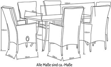 KONIFERA Garten-Essgruppe Belluno, (Set, 13-tlg., 6x Sessel, Tisch 150x80x 71,5 cm, Polyrattan, inkl. Auflagen), 2 der 6 Sessel stufenlos verstellbar, Stauraum unter dem Tisch, Grau