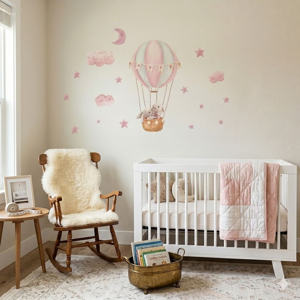 Montegoni Wandsticker Hasen Heißluftballon Wandsticker Babyzimmer Wandtattoo Mädchen (Einzelbogen Set, 1er Set Hasen Wandsticker), Selbstklebend, abnehmbar, wasserfest, rückstandslos entfernbar