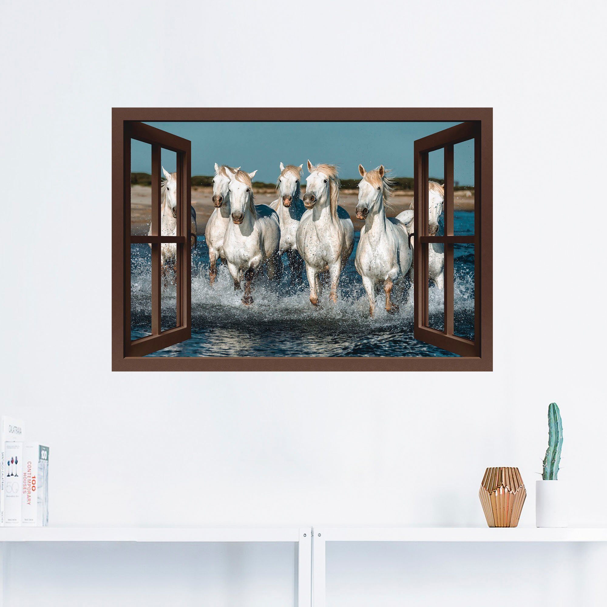 Wandbild St), (1 Pferde versch. Haustiere Strand, Wandaufkleber Poster Fensterblick als oder Größen am Artland Alubild, in Leinwandbild,
