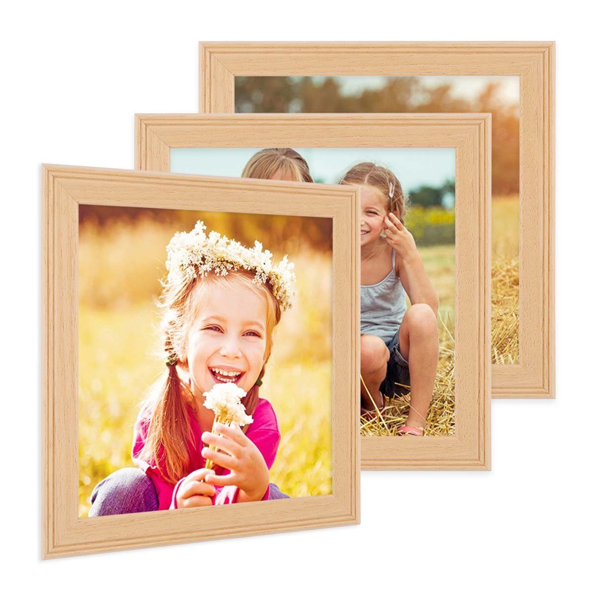 PHOTOLINI Bilderrahmen 3er Set Landhaus-Stil Natur im Massivholz Schmal