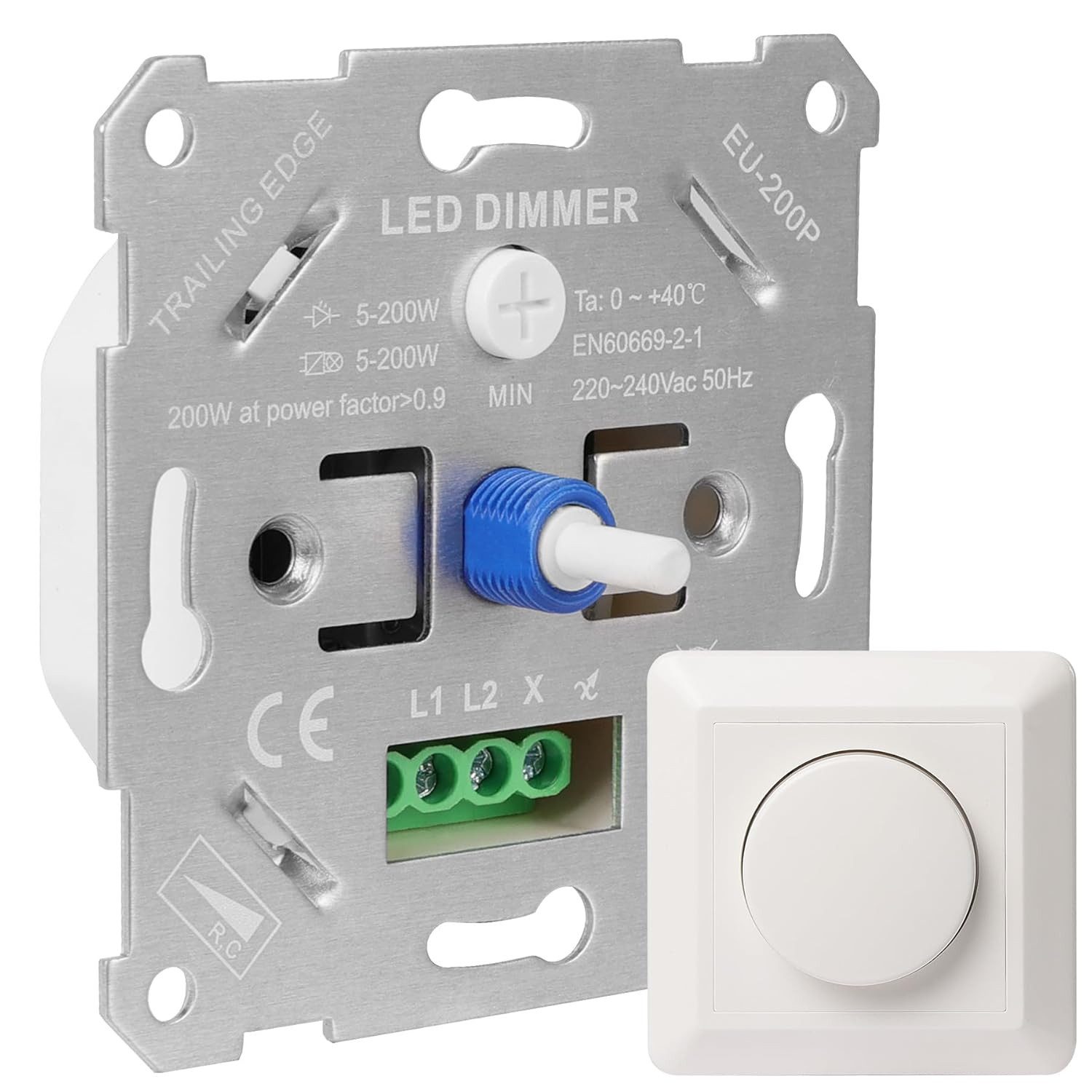 PRIISF Lichtschalter LED Dimmer Drehdimmer Schalter Unterputz Phasenabschnitt Dimmschalter (5-200W Phasenabschnittsdimmer für dimmbare LED Lampe Glühlampe Halogen, Universal Dimmer Lichtschalter mit Unterputzdose & Abdeckung), kompatibel Busch-Jäger, GIRA, Berker, Jung, Kopp, Legrand, Merten usw