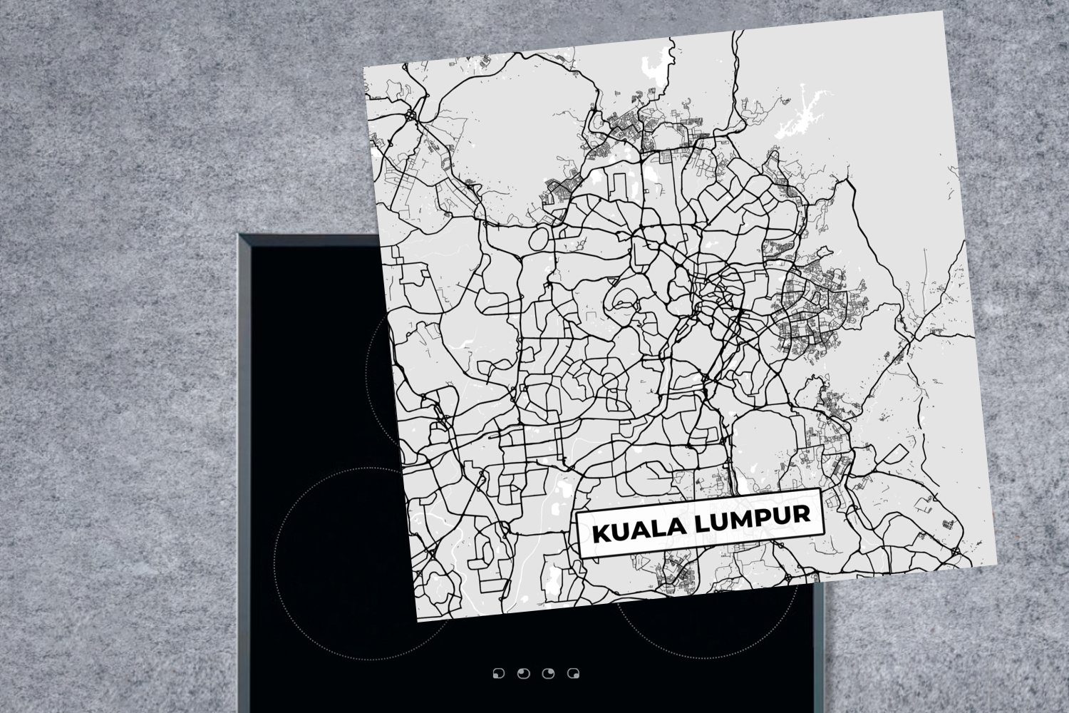 78x78 Karte - Lumpur und tlg), Ceranfeldabdeckung, - weiß, für MuchoWow Schwarz cm, Arbeitsplatte küche Kuala - Herdblende-/Abdeckplatte Vinyl, Stadtplan (1