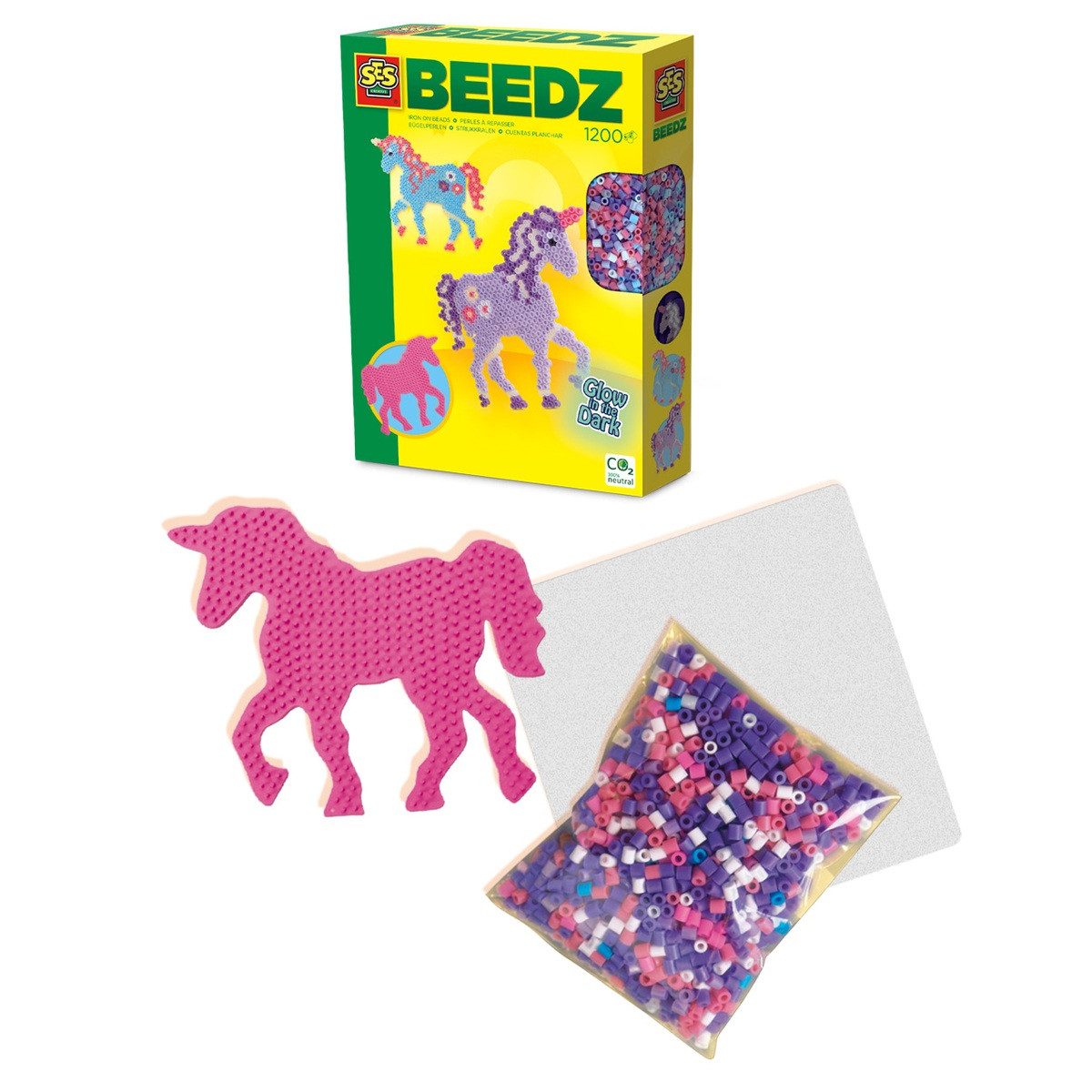 SES Creative Bügelperlen SES CREATIVE Bügelperlenset BEEDZ Einhorn Glow in the Dark 1200 Stück