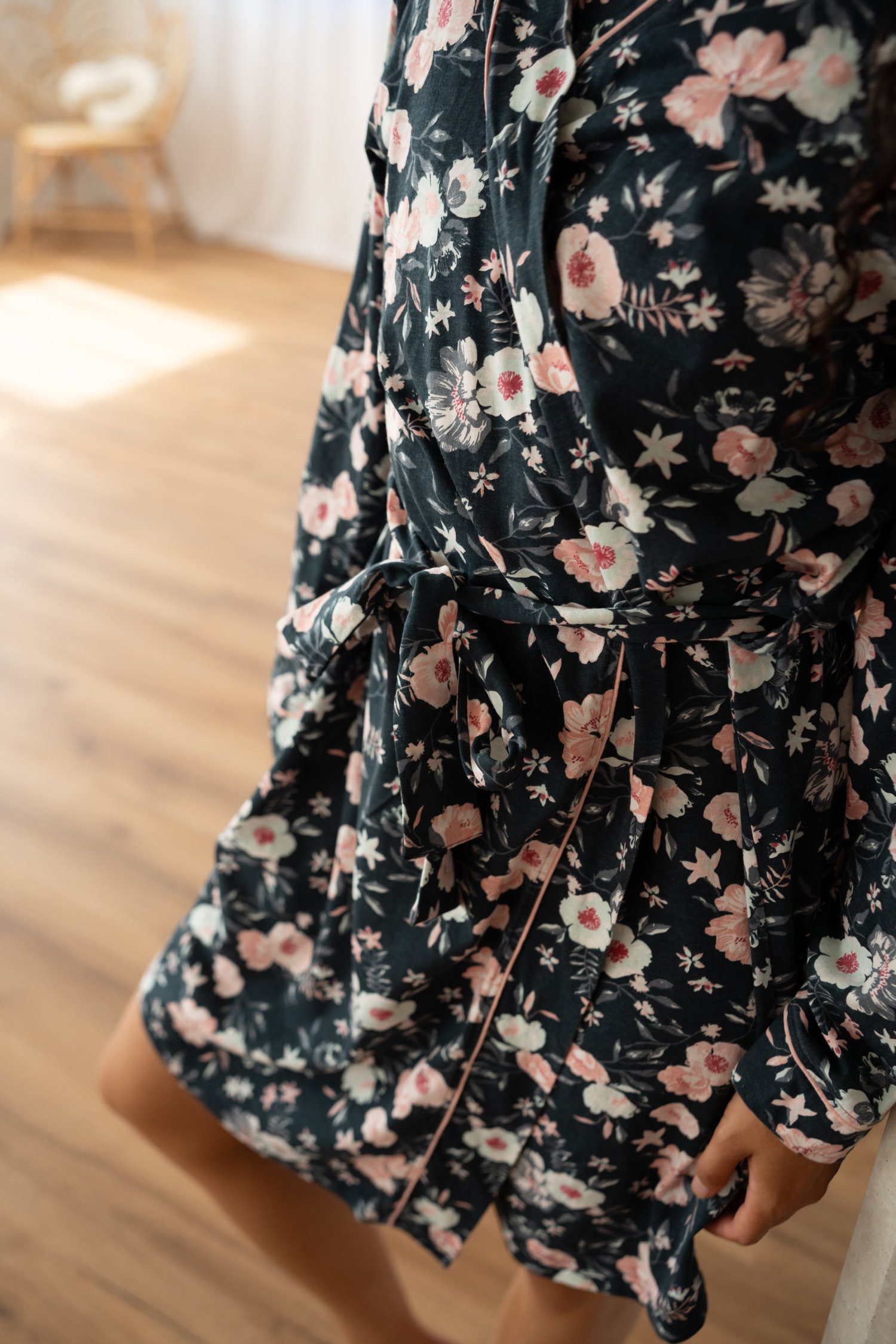 By Louise Kimono Damen Morgenmantel, Midi, Baumwolle, Kimonokragen, Gürtel, Baumwolle – Bild 3 von 4