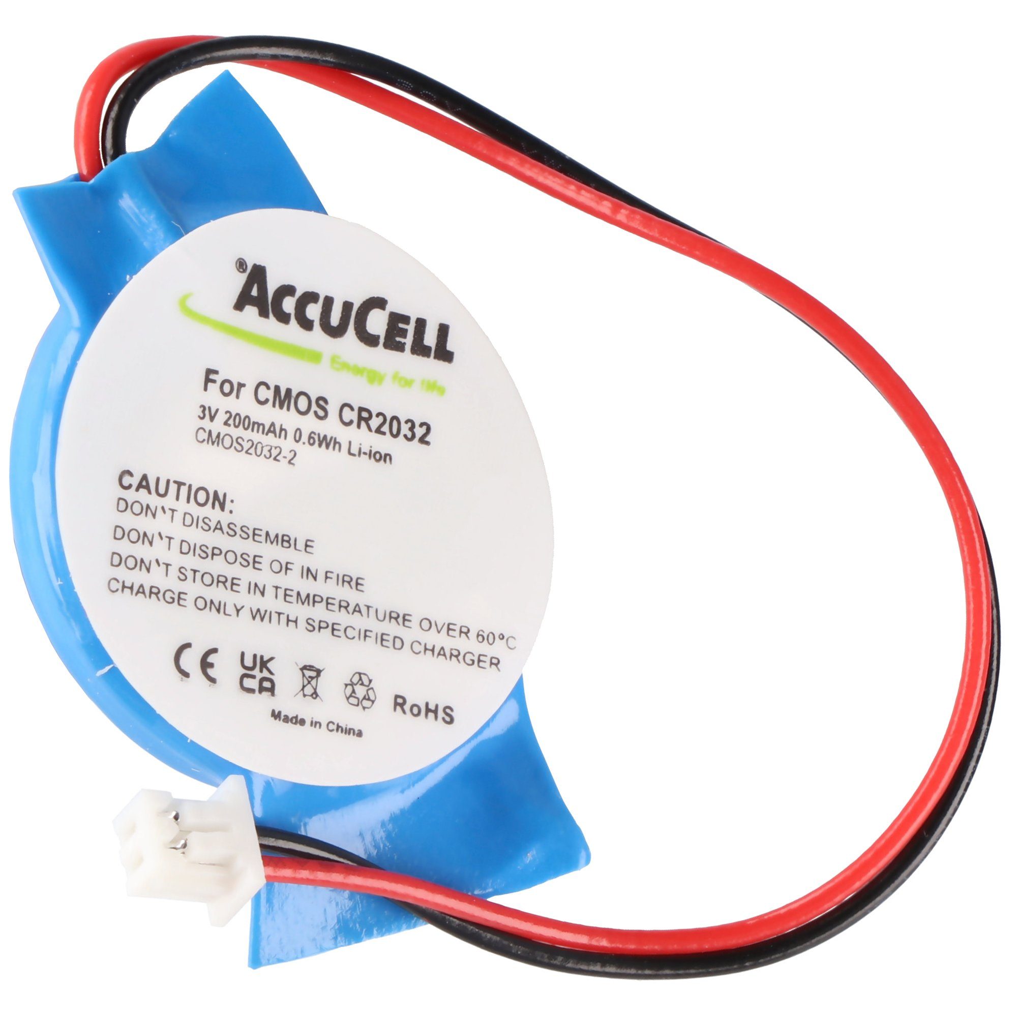 AccuCell CMOS Batterie CR2032 mit Stecker, Backup Lithium Batterie, Stecker ca Batterie, (3,0 V)