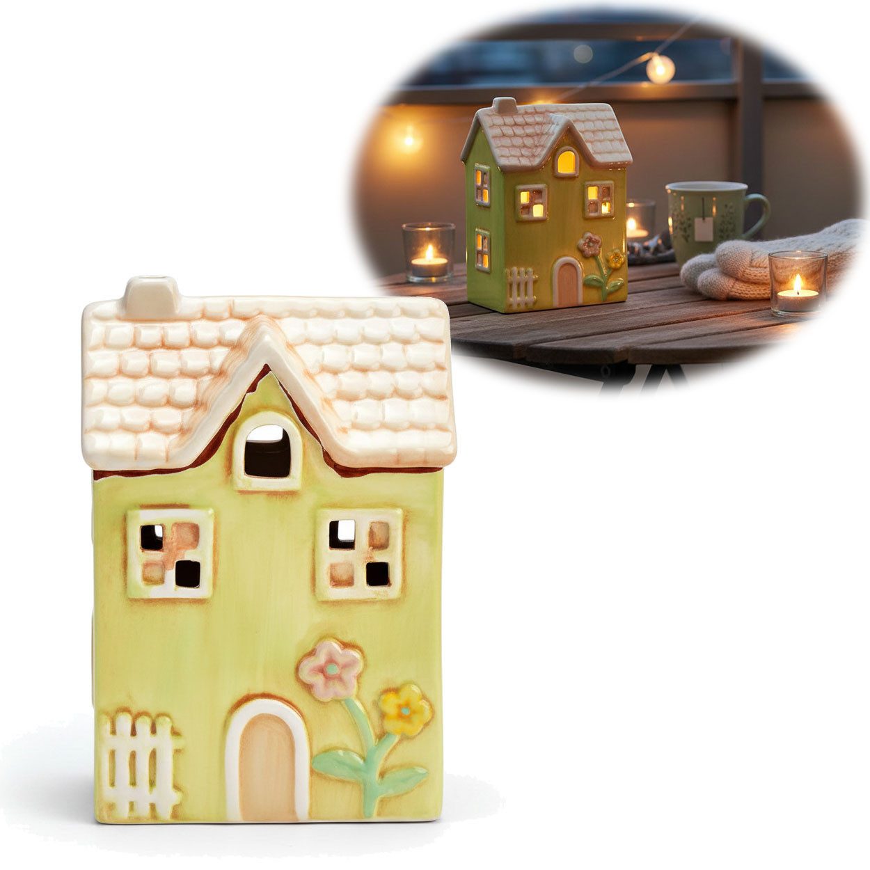 LS-LebenStil Teelichthalter LED Lichterhaus Nyhavn 19cm Grün Keramik Fachwerkhaus Leuchthaus (LED beleuchtetes Windlicht, dänisches Fachwerkhaus, 1 St., Lichterhaus Lichterhäuschen Garten Balkon Deko), Deko Hochzeit Ostern Weihnachten Konfirmation