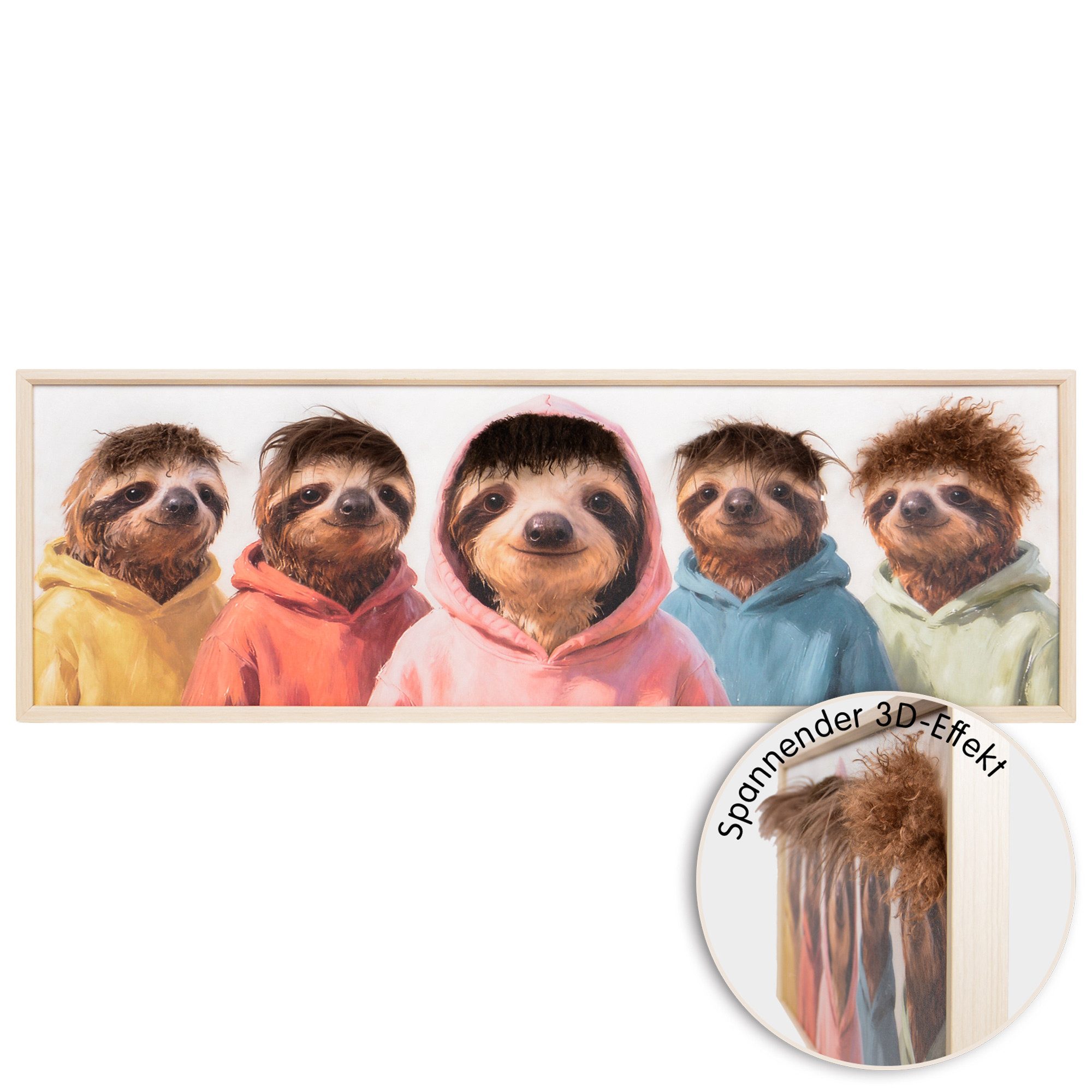 UNUS HOME Wanddekoobjekt Wandbild Faultiere mit bunten Hoodies (120x40cm)