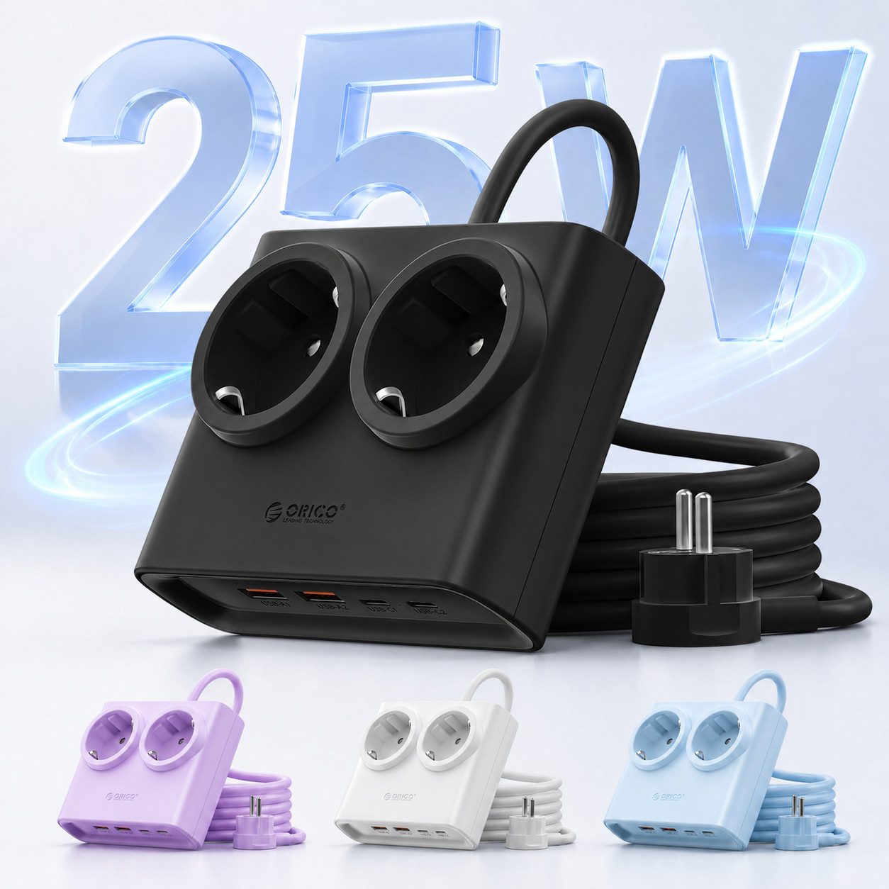 ORICO Steckdose 25W/15W GaN Mehrfachsteckdose 6-in-1 Steckdosenleiste,2AC+2USB +2CPD, flacher 1,3 cm Stecke, 1-St., 1,6 m Kabel, 2500 W., für Haushalt & Büro