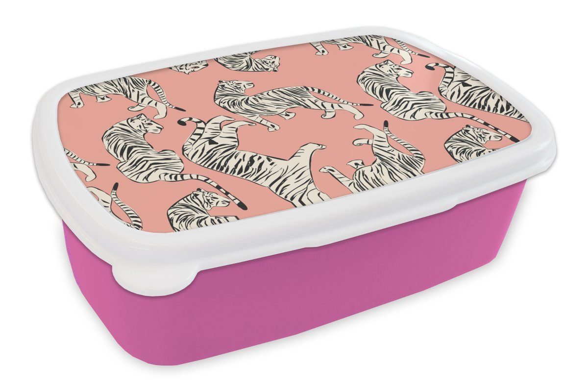 MuchoWow Lunchbox Tiger rosa Erwachsene, (2-tlg), Kunststoff Brotdose - Kunststoff, Mädchen, Brotbox Muster Dschungel, Kinder, Snackbox, - für
