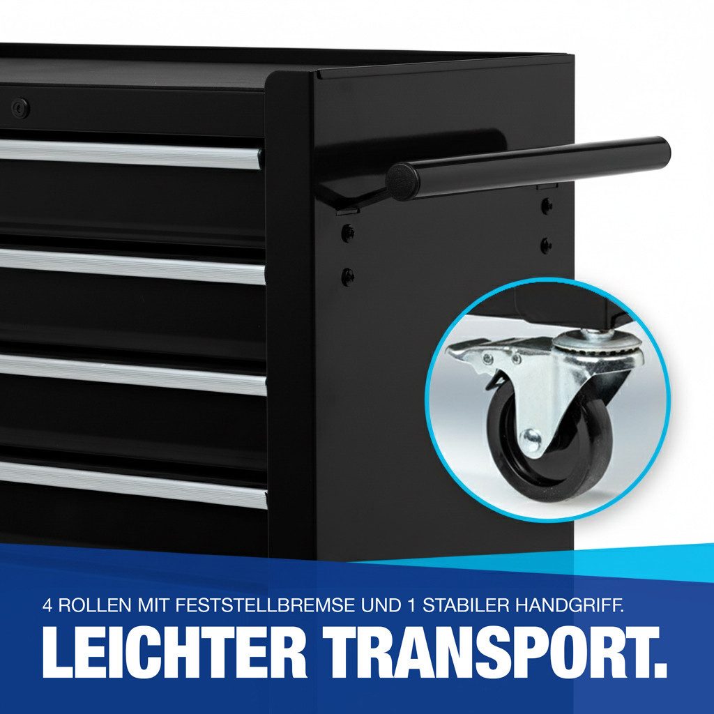 NTG Werkstattwagen inkl. Werkzeug 70 Teile - 4 Schubladen - Kugelgelagerte Schubladen, Blackline, 70-tlg. Werkzeugset, (70-tlg), Transportsicherung - 2 Rollen m. Feststellbremse - Werkzeugwagen