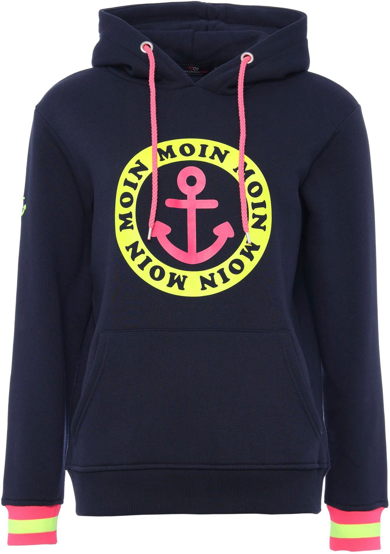 Zwillingsherz Hoodie mit Aufschrift Moin und Anker in Neonfarben