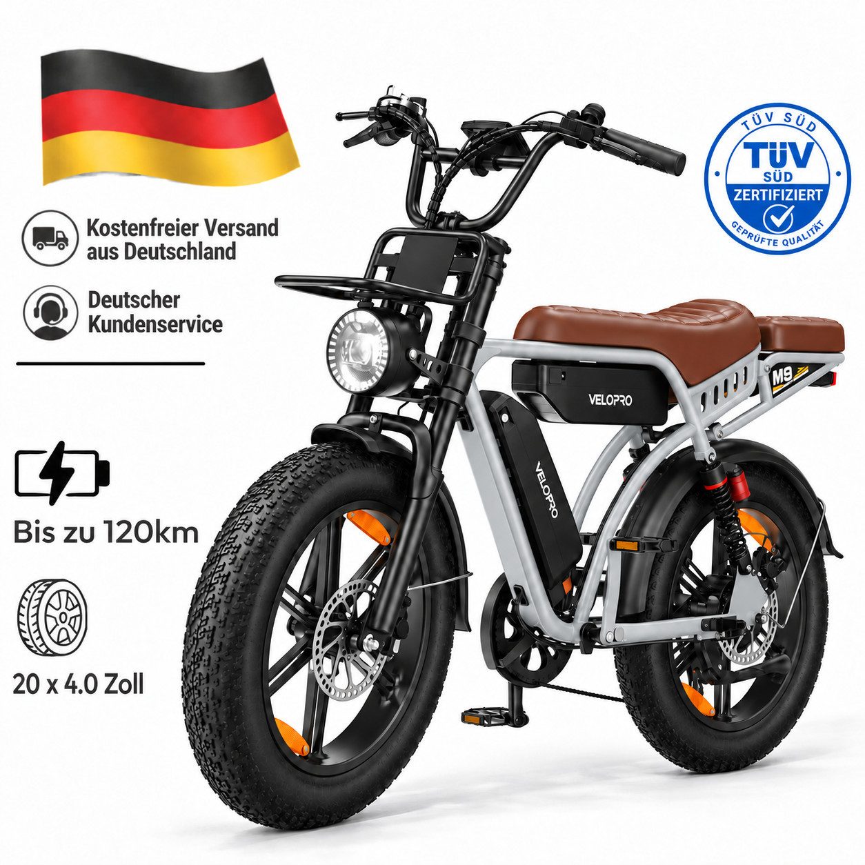 PIXAR E-Bike Mountainbike M9 Fatbike 20 Zoll Elektrofahrrad Doppelakku 48 V 35 Ah bis zu 120KM, 7 Gang Shimano, Heckmotor, 1680 Wh, (Packung), 250 W Vollfederung, hydraulische Scheibenbremsen