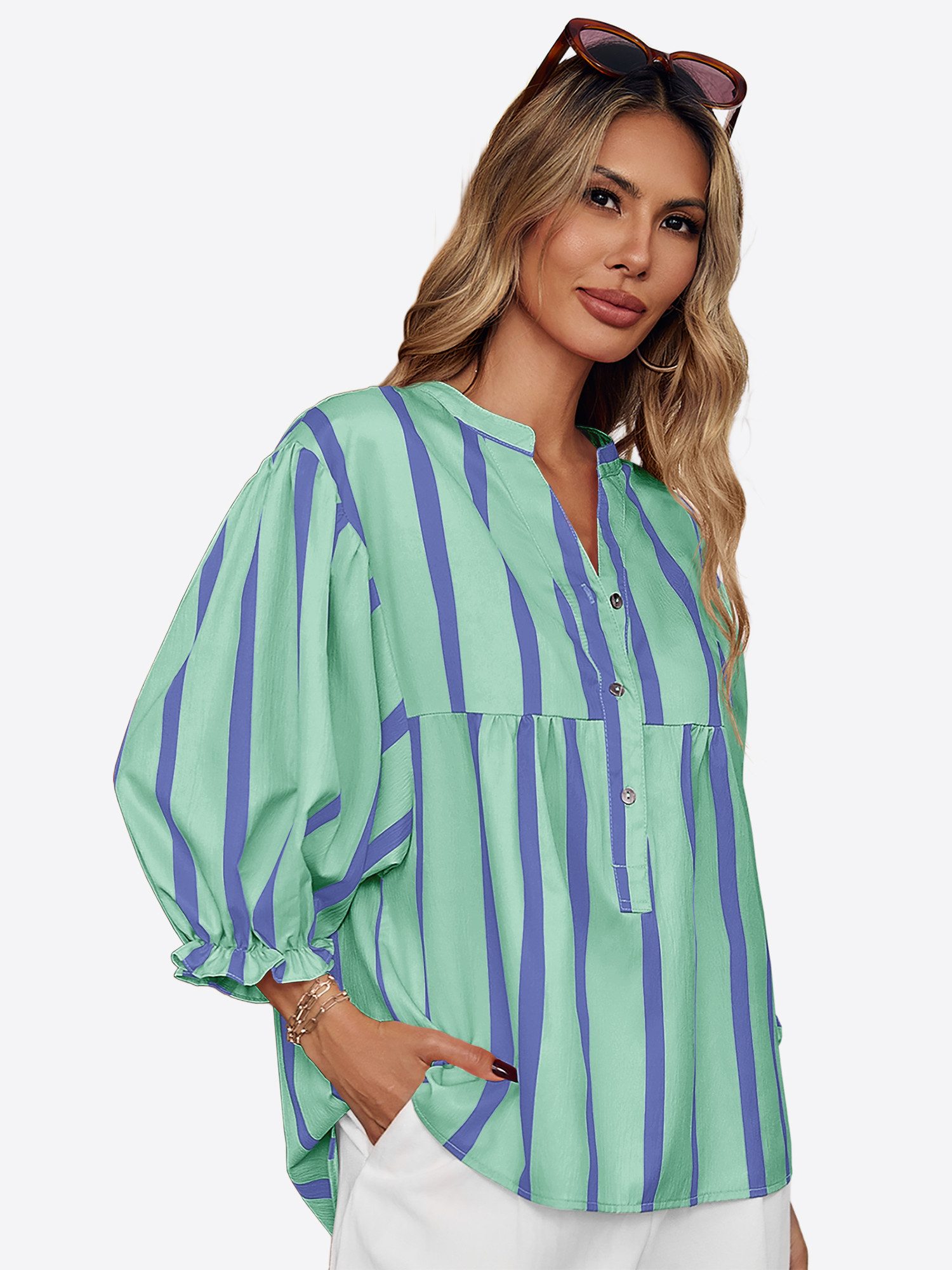 Imily Bela Blusentop Damen Puffärmel Bluse gestreift (Packung, 1-tlg., 1per-Pack) kontrastfarben