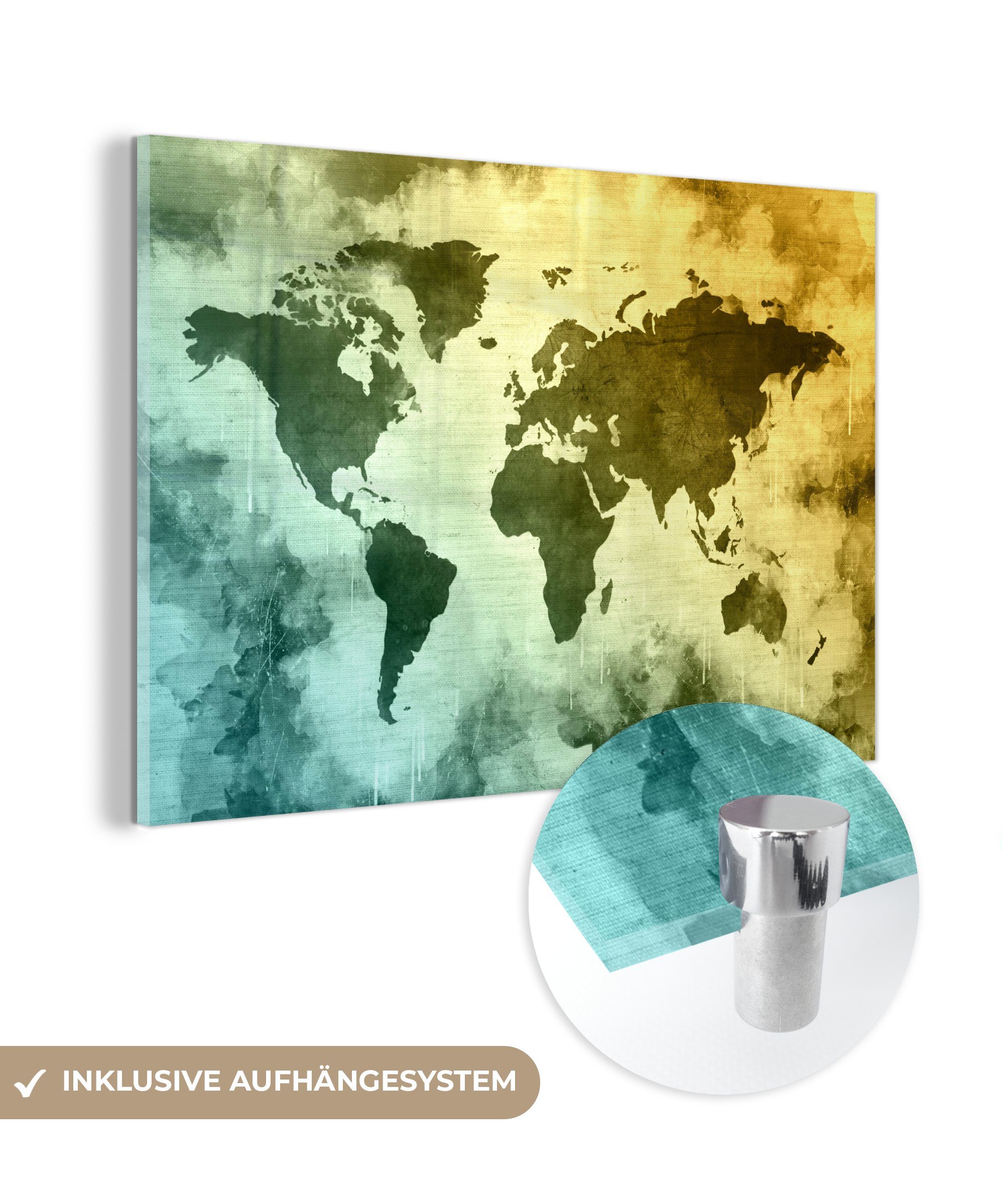 MuchoWow Acrylglasbild Weltkarte - Grün - Blau, (1 St), Glasbilder - Bilder auf Glas Wandbild - Foto auf Glas - Wanddekoration