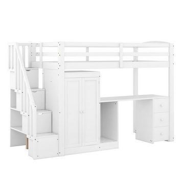 Merax Hochbett 90x200cm mit Rausfallschutz und Lattenrost mit Kleiderschrank, Schreibtisch und Schubladen, Kinderbett