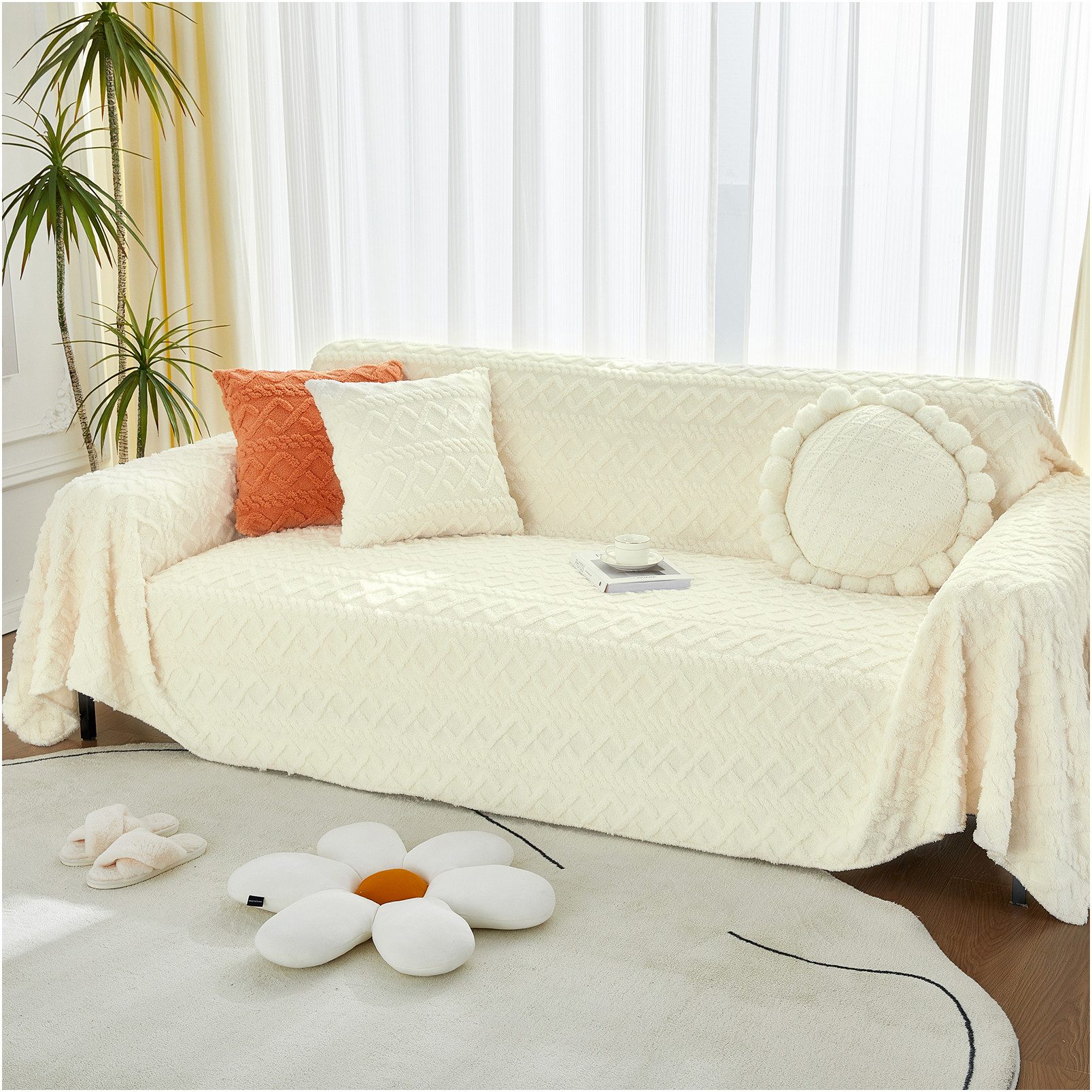 Sunicol Sofabezug Weiche Flauschiger Kunstpelz Sofabezug Waschbar Couch überzug, 3 Größen, Jacquard Sofaüberwurf Decke