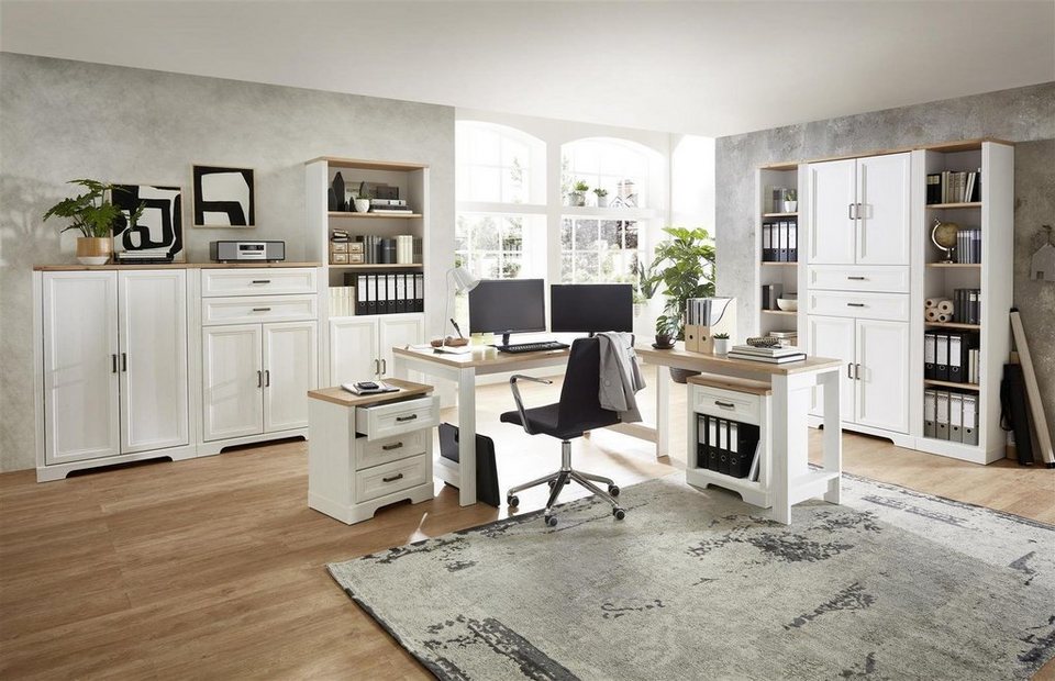 möbelando Büro-Set Jasmin (10-St) aus modernen Schubkästen, mit Absetzungen Artisan MDF Nachbildung, Aktenschrank aus und Front in Spanplatte, Korpus Pinie im 10 Nachbildung, Holztüren, 6 14 Eiche Einlegeböden Landhausstil in hell 8