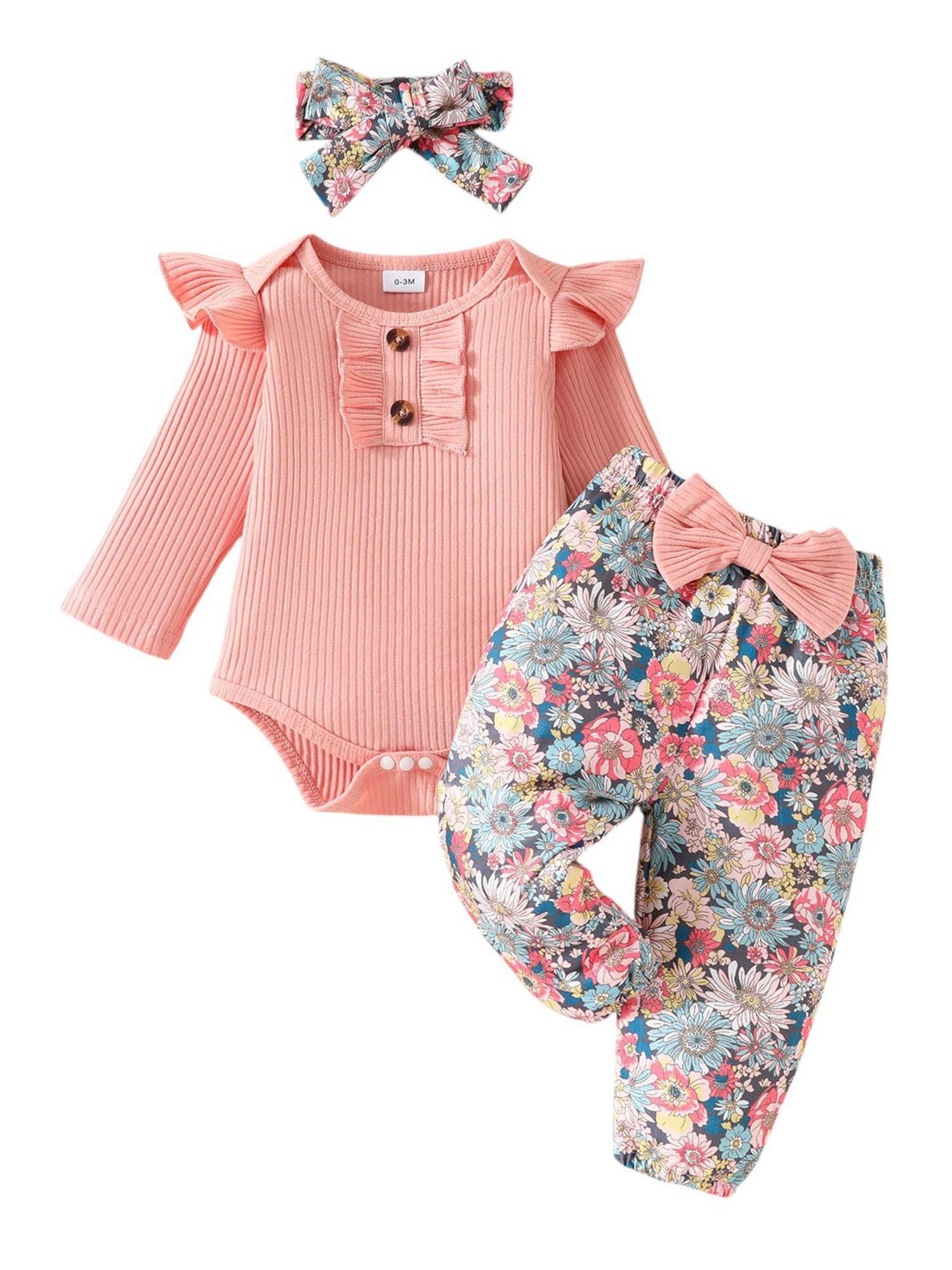 Gluckids Langarmshirt & Hose Baby Mädchen Blumen Strampler+Hose Outfits Rüschen Basic Freizeitanzug (3-tlg) Frühling & Sommer Babykleidung Langarm Overall Set mit Stirnband
