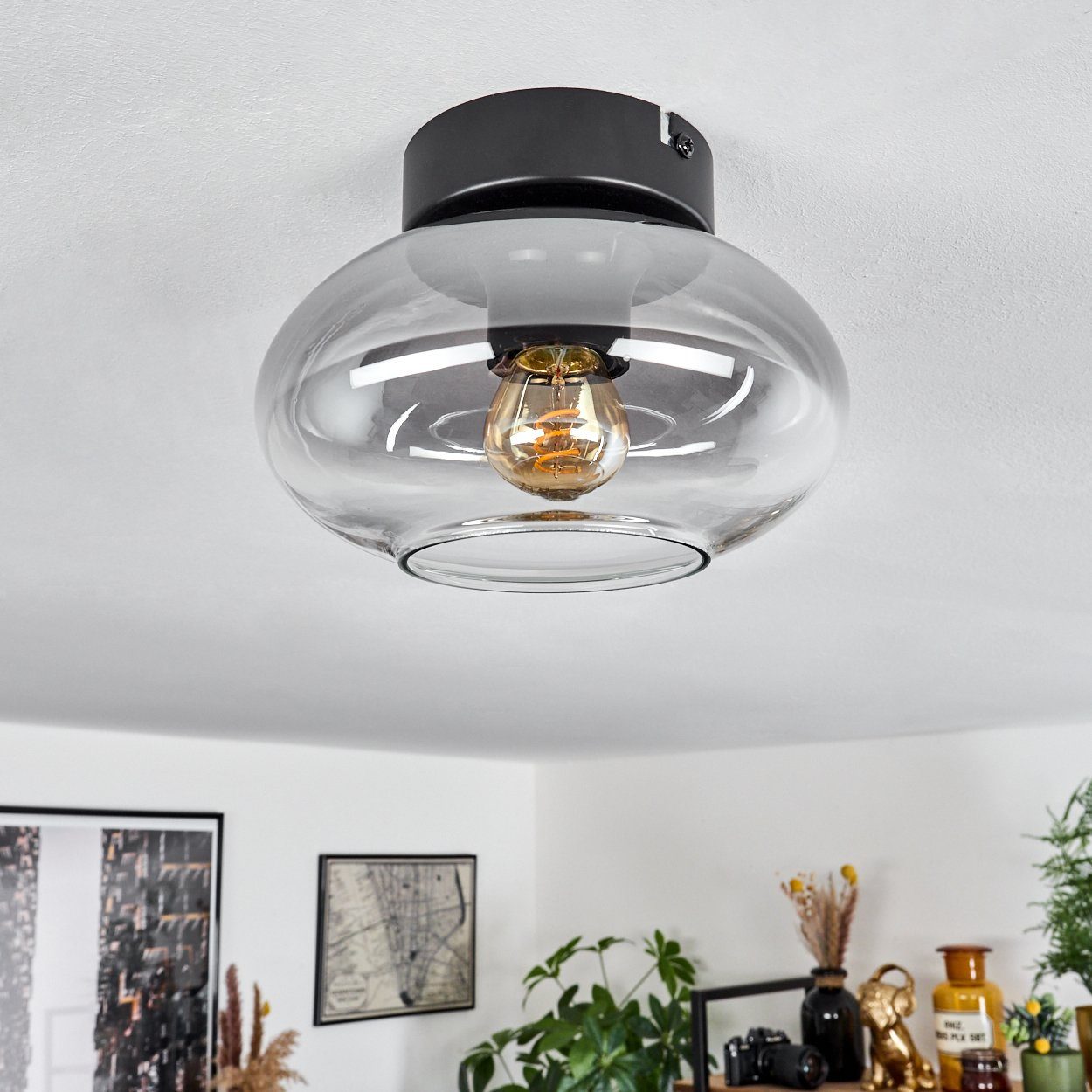 hofstein Deckenleuchte moderne Deckenlampe aus Metall/Glas in Schwarz/Rauchfarben, ohne Leuchtmittel, Leuchte mit Schirm aus Rauchglas (18,5 cm), 1 x E27 – Bild 2 von 5