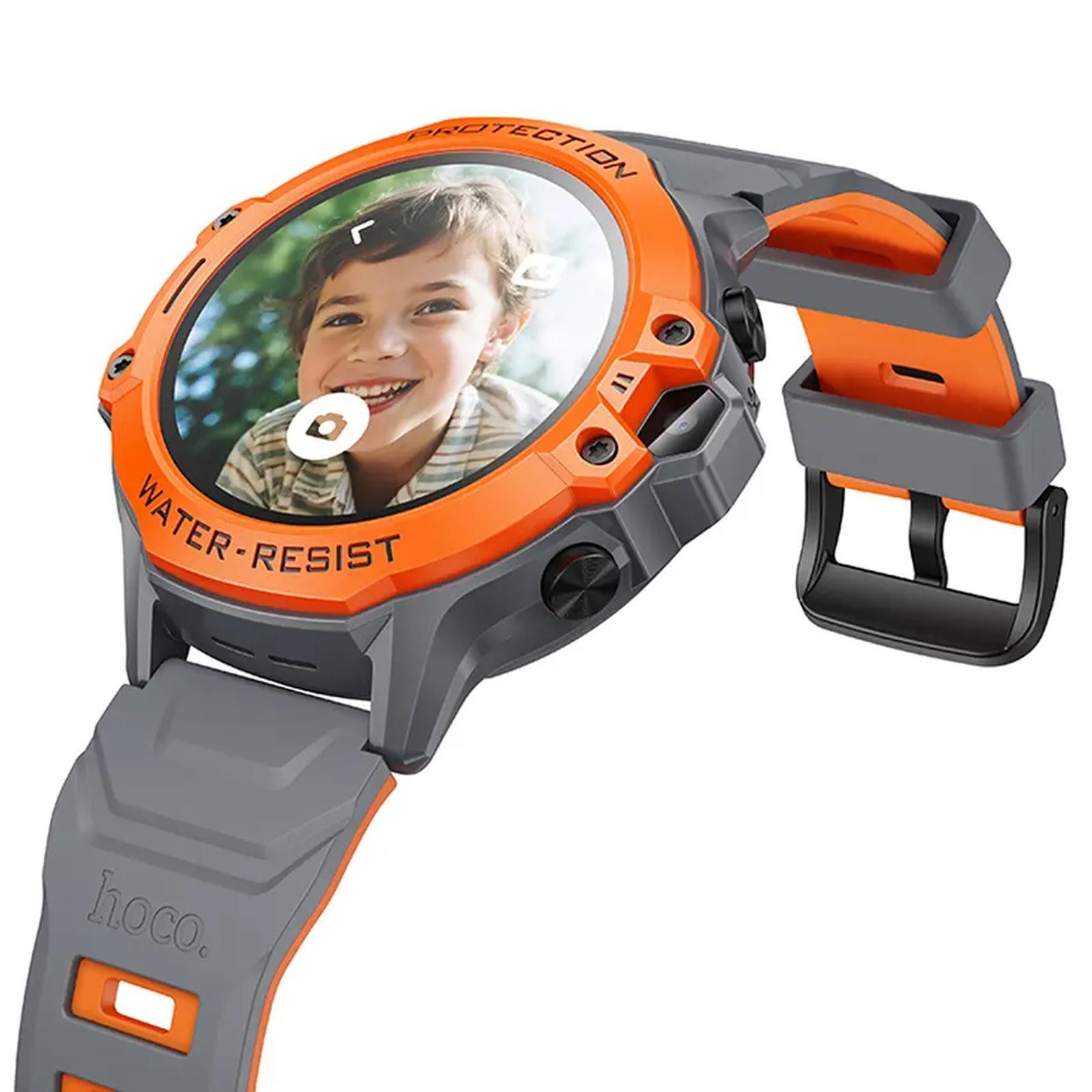 hoco. Y107 Kinder Smartwatch (1,28 Zoll, geschlossenes Echtzeit-Betriebssystem (RTOS), 4G GPS Uhr Telefon Videoanruf Ortung SOS Kinderuhr SIM Funktion Orange