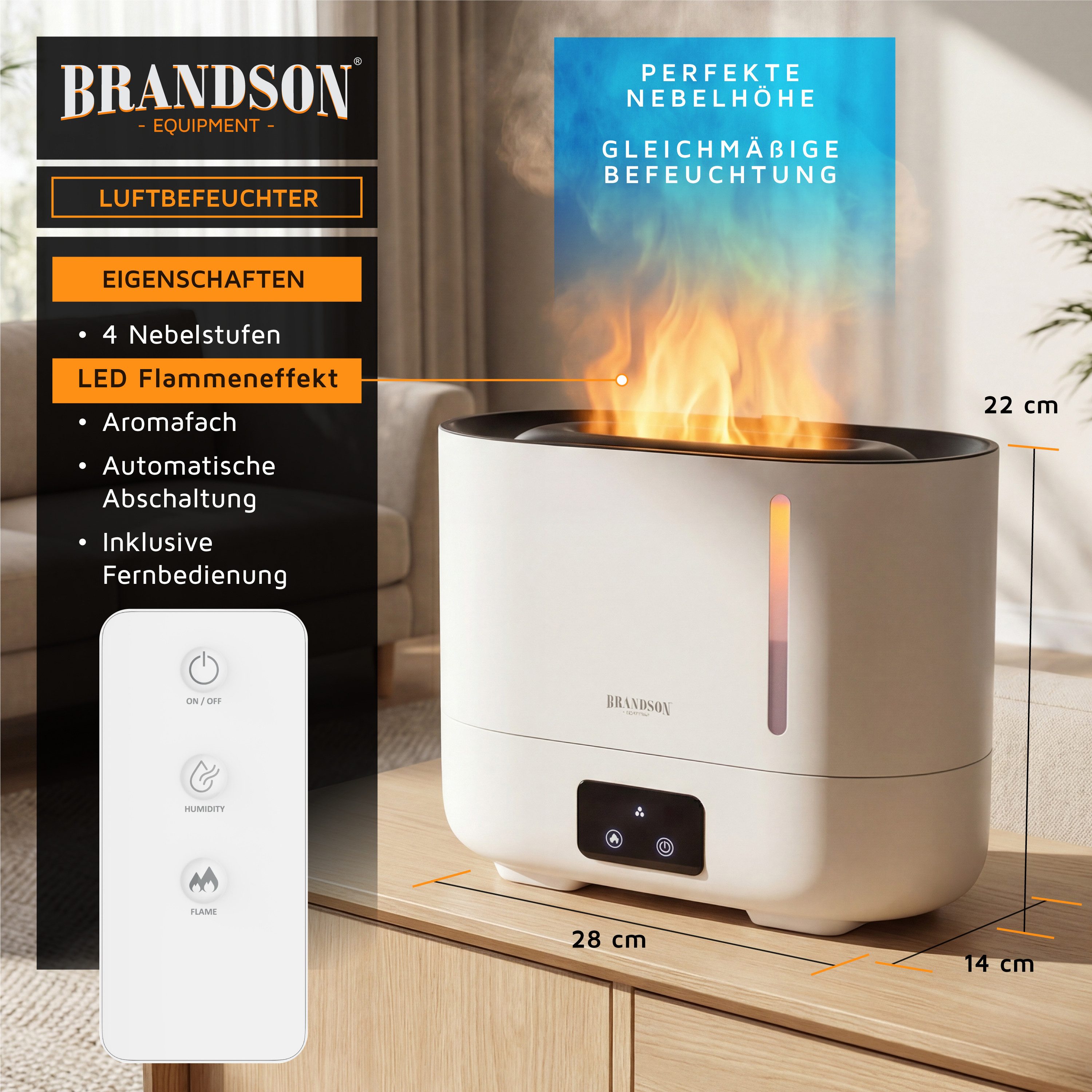 Brandson Luftbefeuchter Aroma Diffuser mit Fernbedienung, Raumbefeuchter, Flammeneffekt, 3 l Wassertank, Ultraschall, 3 l Wassertank, 4 Nebenstufen, für Wohn- und Schlafzimmer