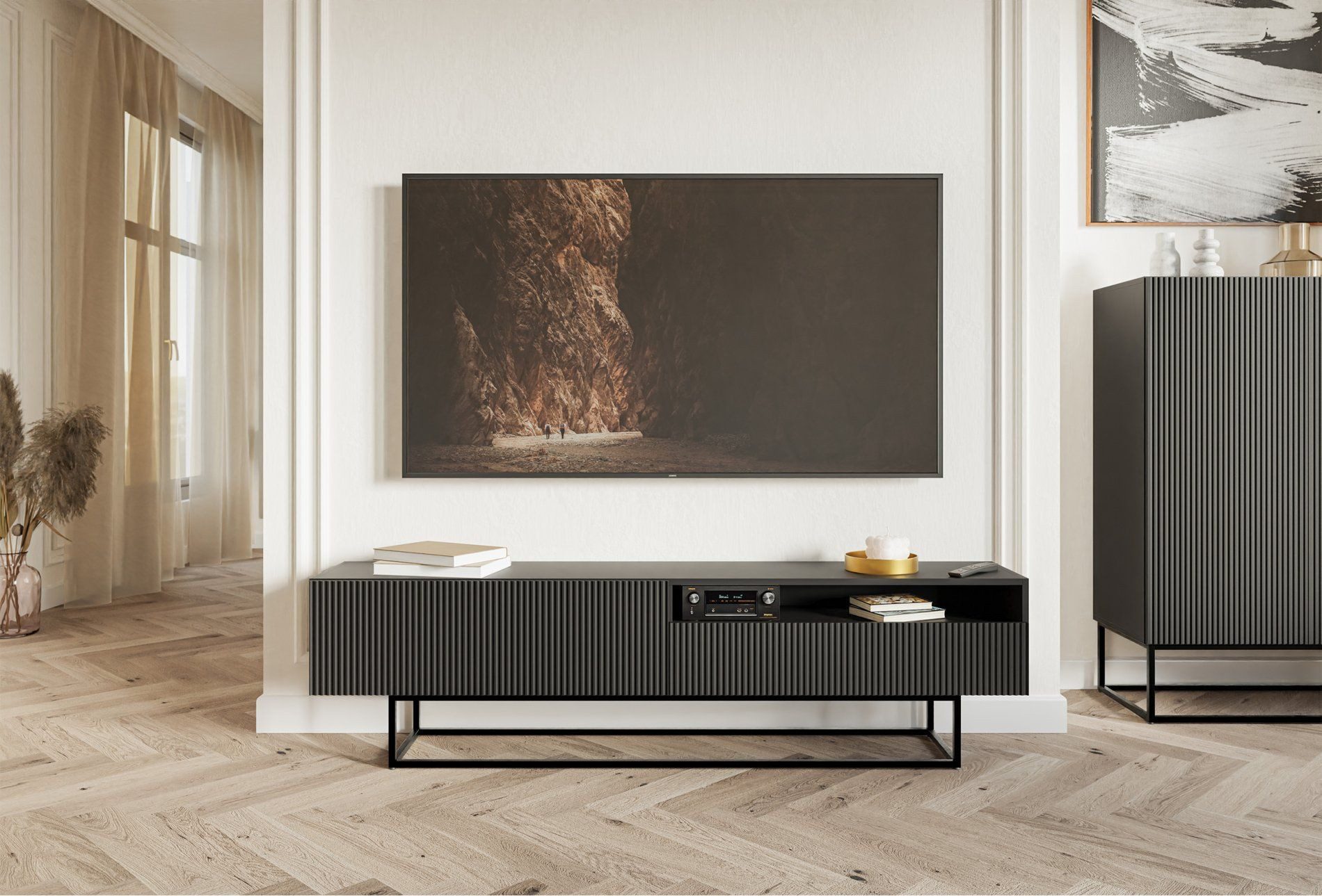 Selsey TV-Schrank VELDIO TV-Lowboard 175 cm – Offenes Fach, Riffel-Optik & Schwarzgestell