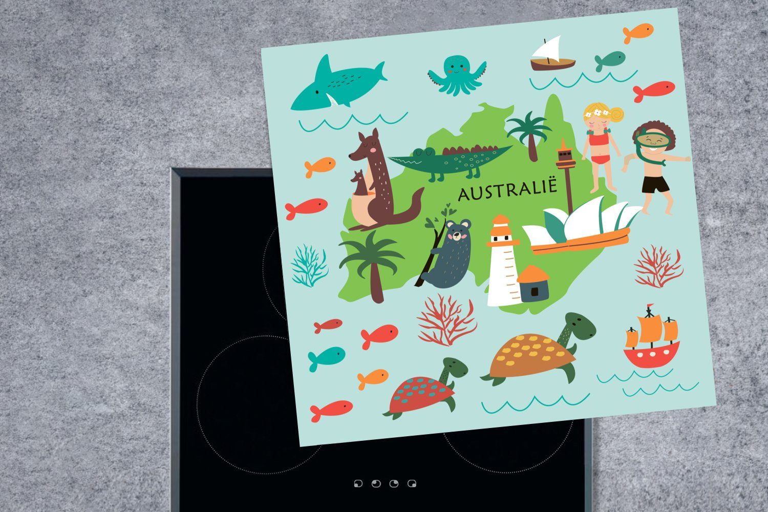 Tiere, tlg), Kinder MuchoWow für (1 Australien Herdblende-/Abdeckplatte - cm, 78x78 Vinyl, - Weltkarte Arbeitsplatte küche Ceranfeldabdeckung,
