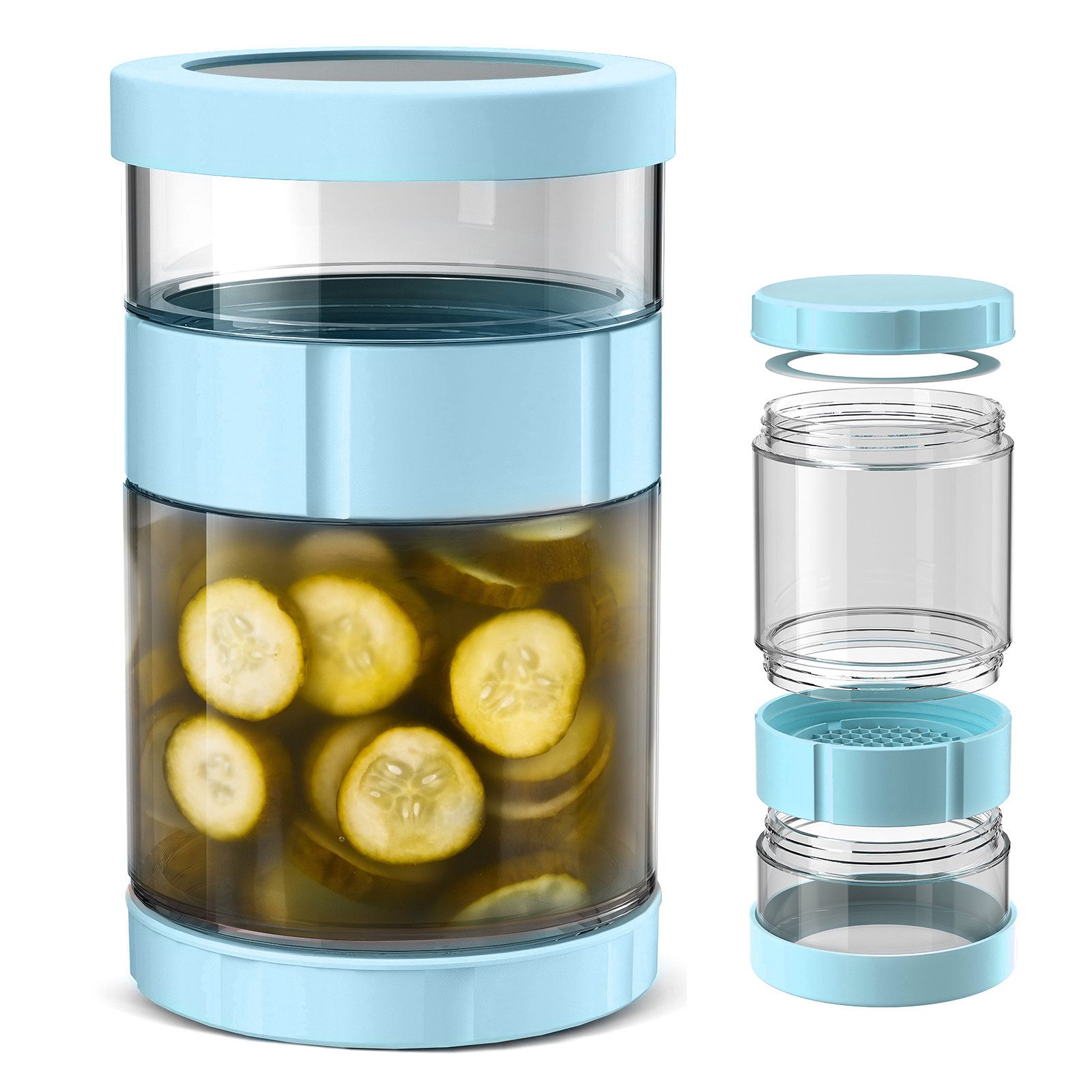 BlingBin Fermentationsglas Weithals Einmachglas mit Klappsieb & Silikondeckel, Glas, Silikon, ABS, (1 Stück, 1-tlg., 19,8 × 11 × 11 cm, Fassungsvermögen: 1500 ml), umkehrbare Nass-Trocken-Trennung für Gurkenfermentation und Einlegen