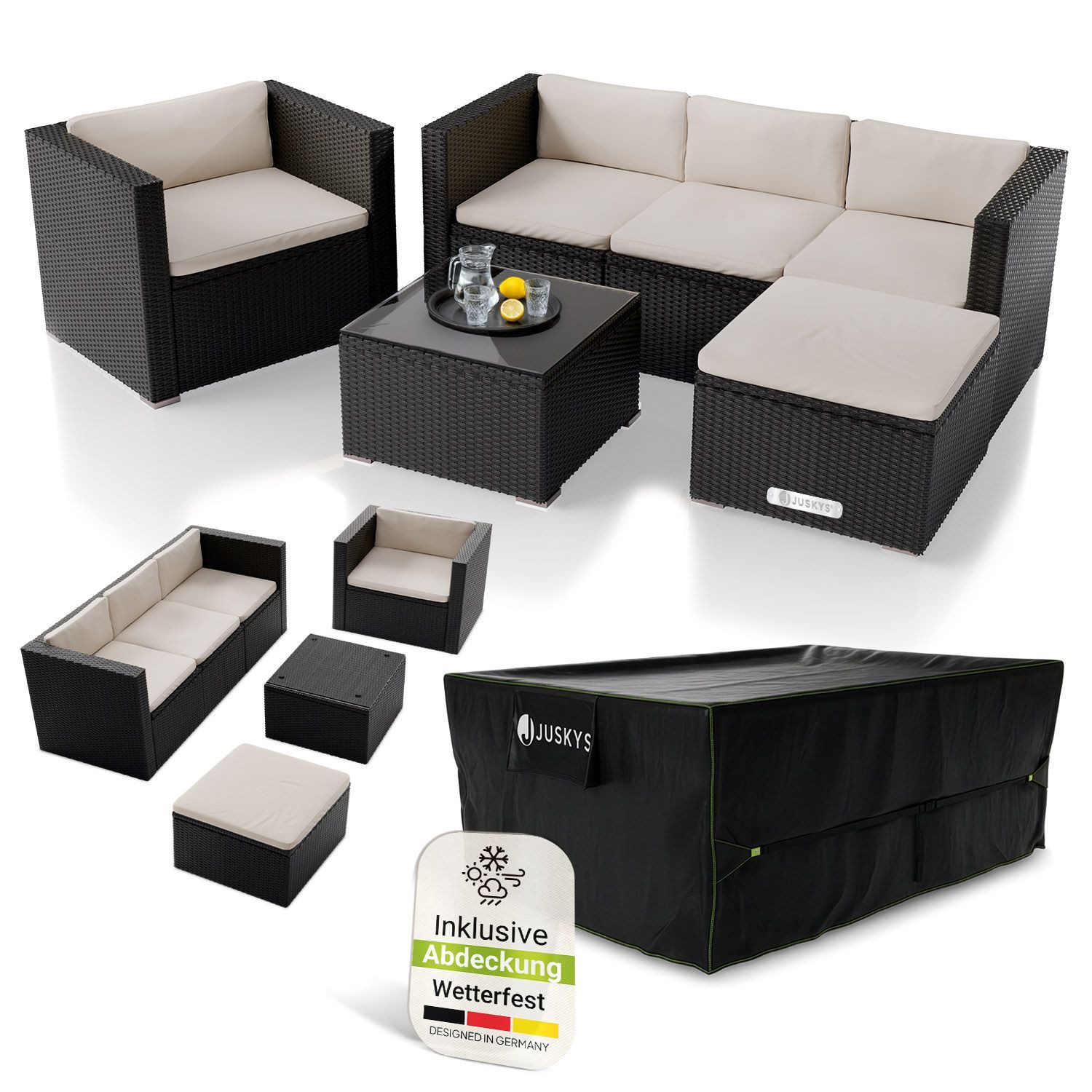 Juskys Gartenlounge-Set Punta Cana, (Set, Sitzgruppe), Sitzgarnitur, 1 Tisch, 1 Ecksofa, 1 Sessel, 1 Hocker, 1 Abdeckung