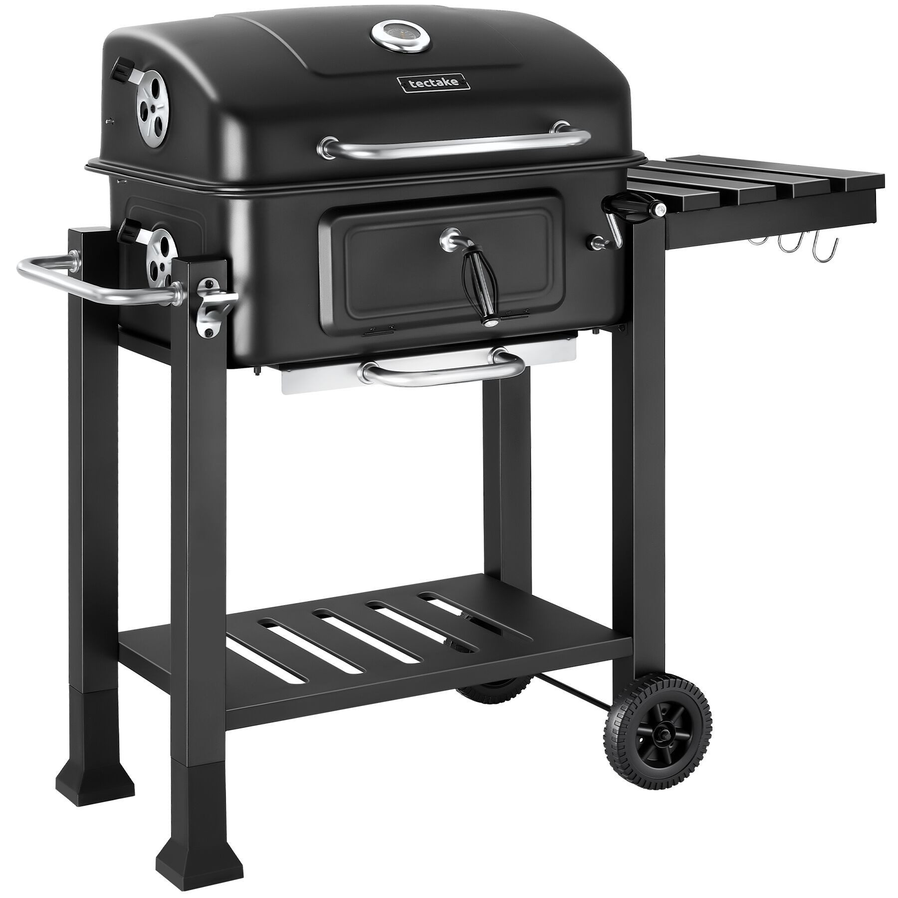 tectake Holzkohlegrill Grillwagen mit 2 Rädern, regulierbare Luftzufuhr, 110 x 64 x 104 cm, Standgrill Florian, in schwarz, mit Thermometer, Warmhalterost und klappbare Seitenablage mit 3 Haken