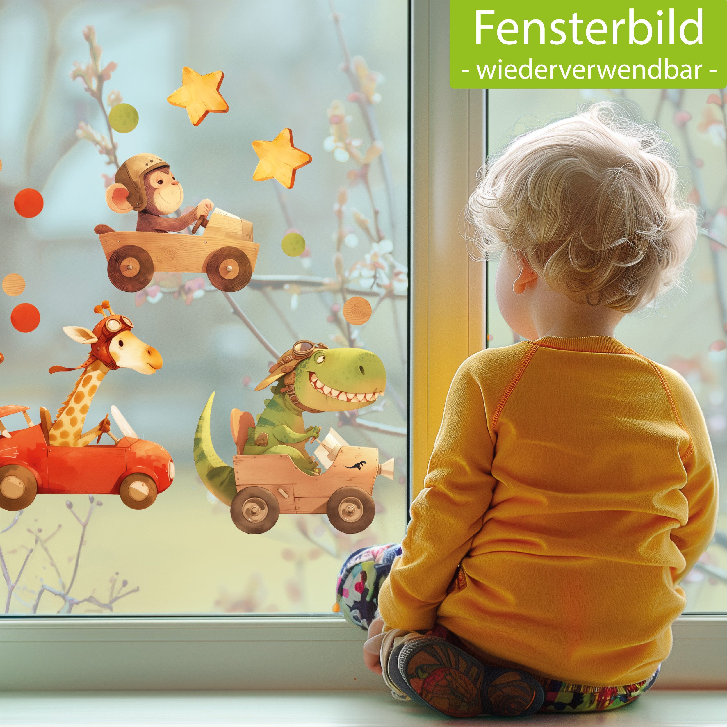 Sunnywall Fensterbild wiederverwendbares Fensterbild Wildtiere in Rennautos in Holz-Optik, wiederverwendbar, statisch haftend, beidseitiger Druck