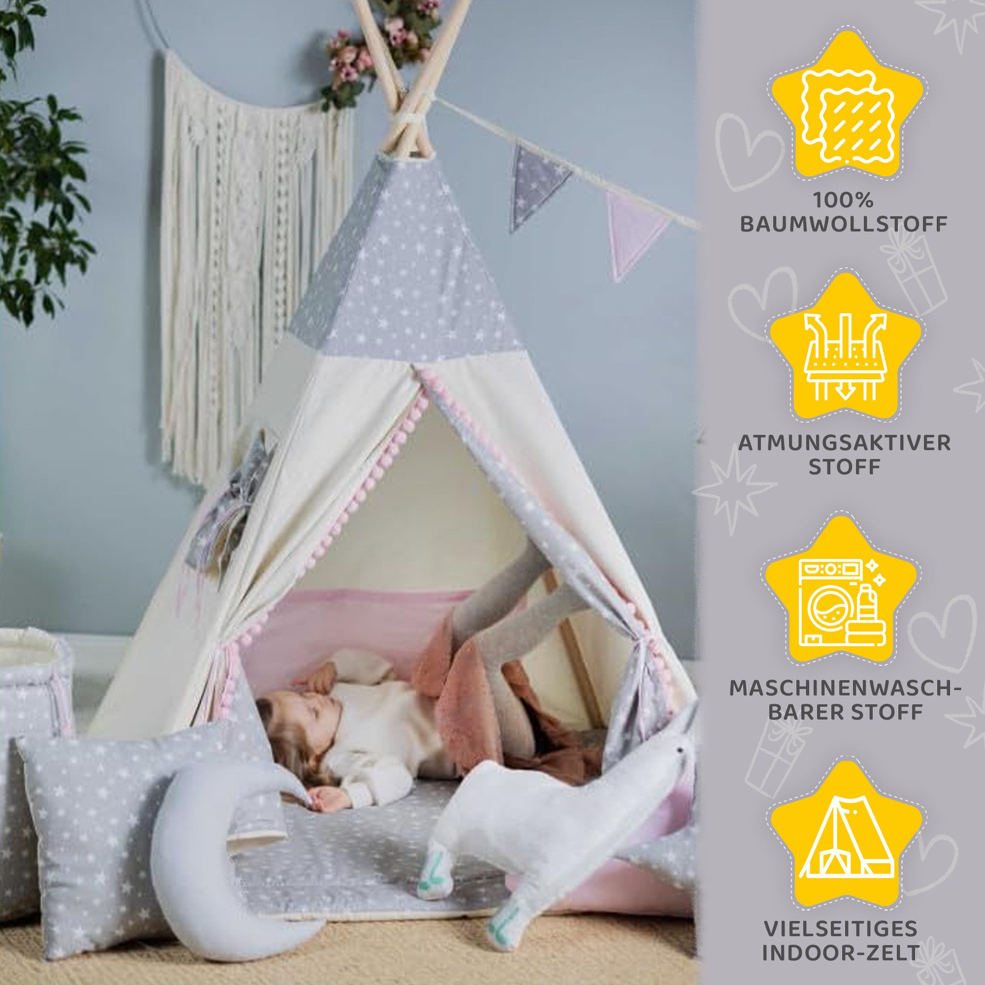 Rainbow Kids Tipi-Zelt Wolf Stern Rosa, günstig online kaufen