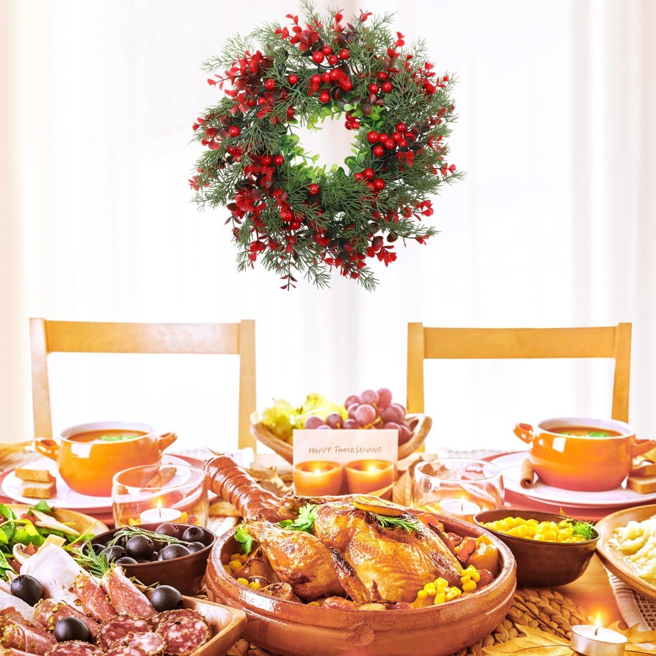 Kunstkranz Künstlicher Weihnachtskranz, roter Beerenkranz, Winterkranz, Coonoor, zur Dekoration von Veranden, Wänden und Fenstern – Bild 3 von 5