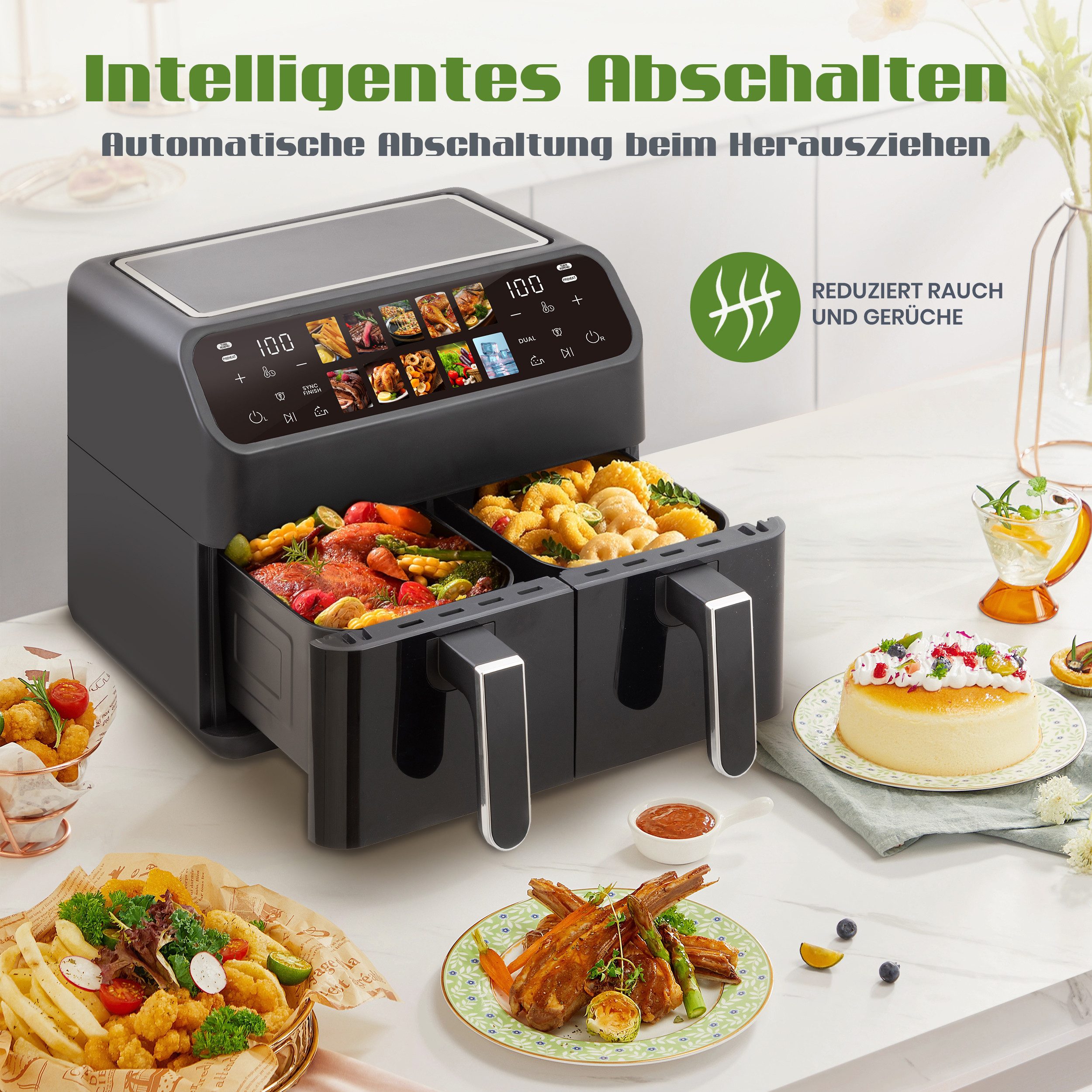 WHEELYOU Heißluftfritteuse 9 L Airfryer – Doppelkammer & LED-Farbbildschirm, 2000,00 W, Gleichzeitiges Garen – knusprig, fettarm und schnell