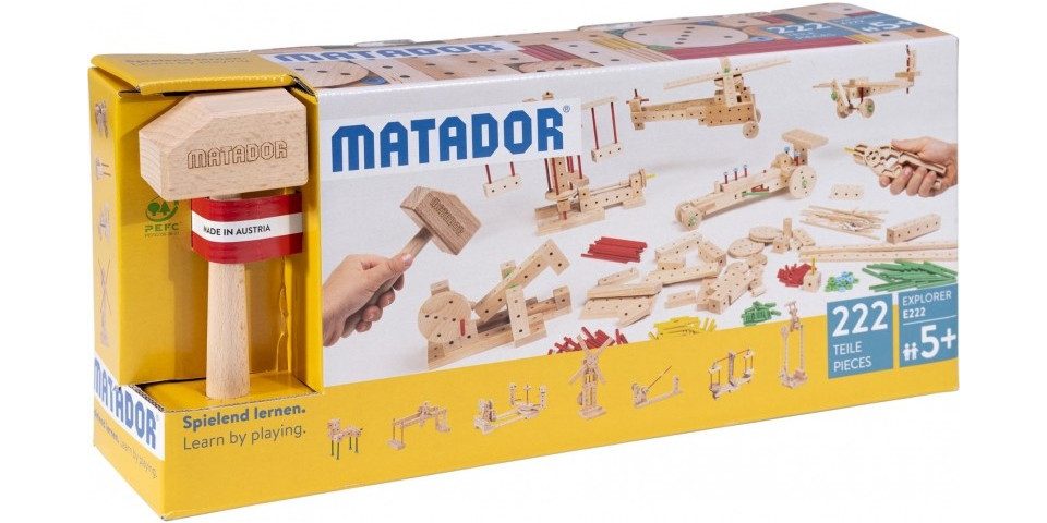 Matador Konstruktions-Spielset MATADOR 11222 - Explorer E222, Baukasten, Holz, 222 Teile, Konstruk...