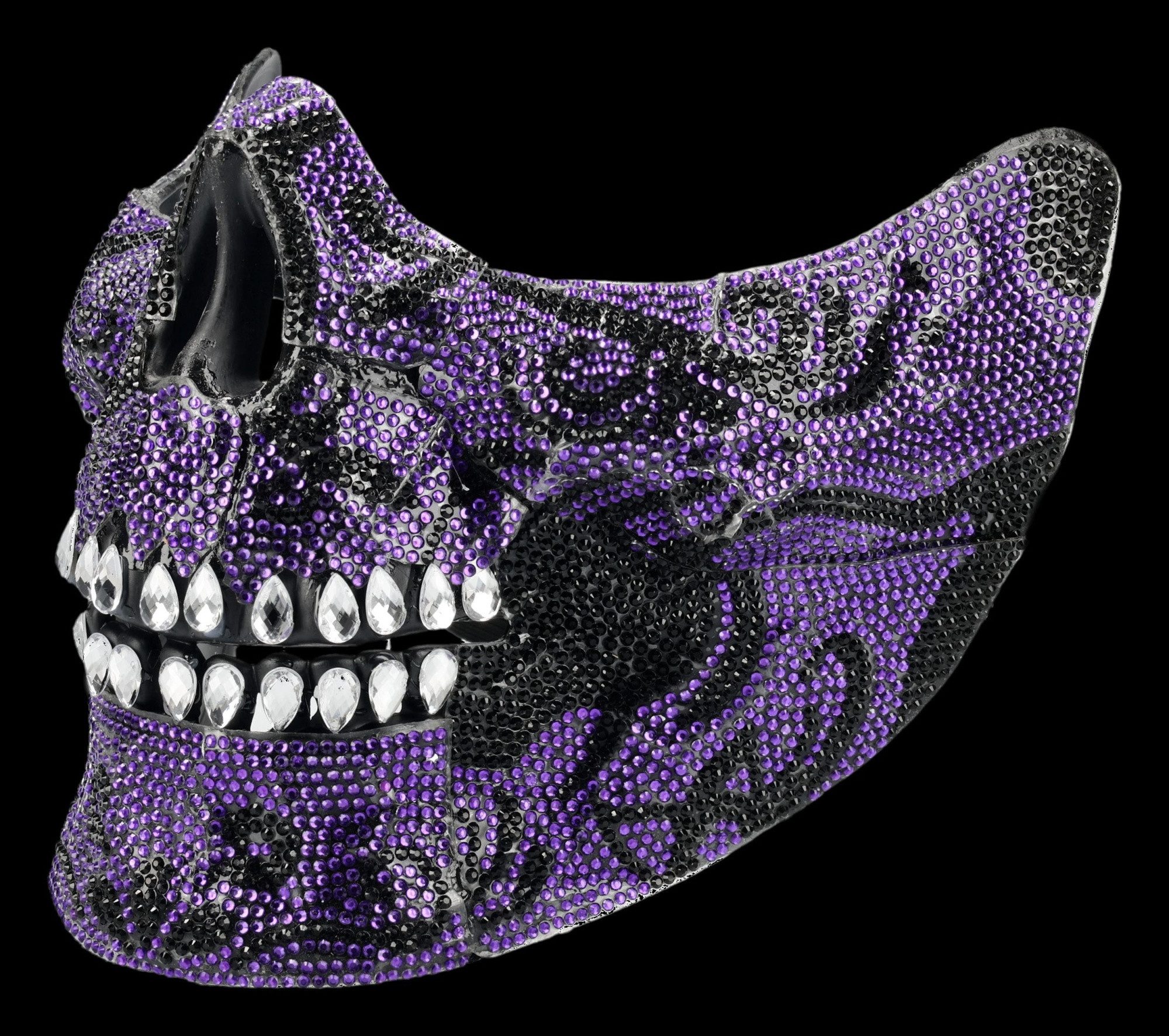 Figuren Shop GmbH Verkleidungsmaske Totenkopf Maske – Cosplay Halbmaske Gothic Horror Deko Lila 13 cm, mit Schmucksteinen verziert