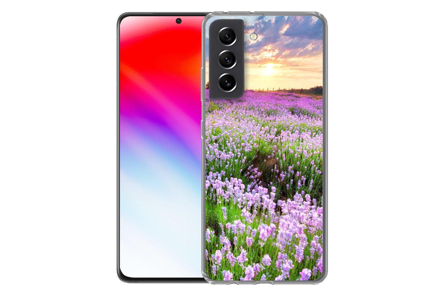 MuchoWow Handyhülle für Samsung Galaxy S21 FE Blumen - Lavendel - Lila - Himmel - Sonnenun, Phone Case, Silikon, Schutzhülle Dünn