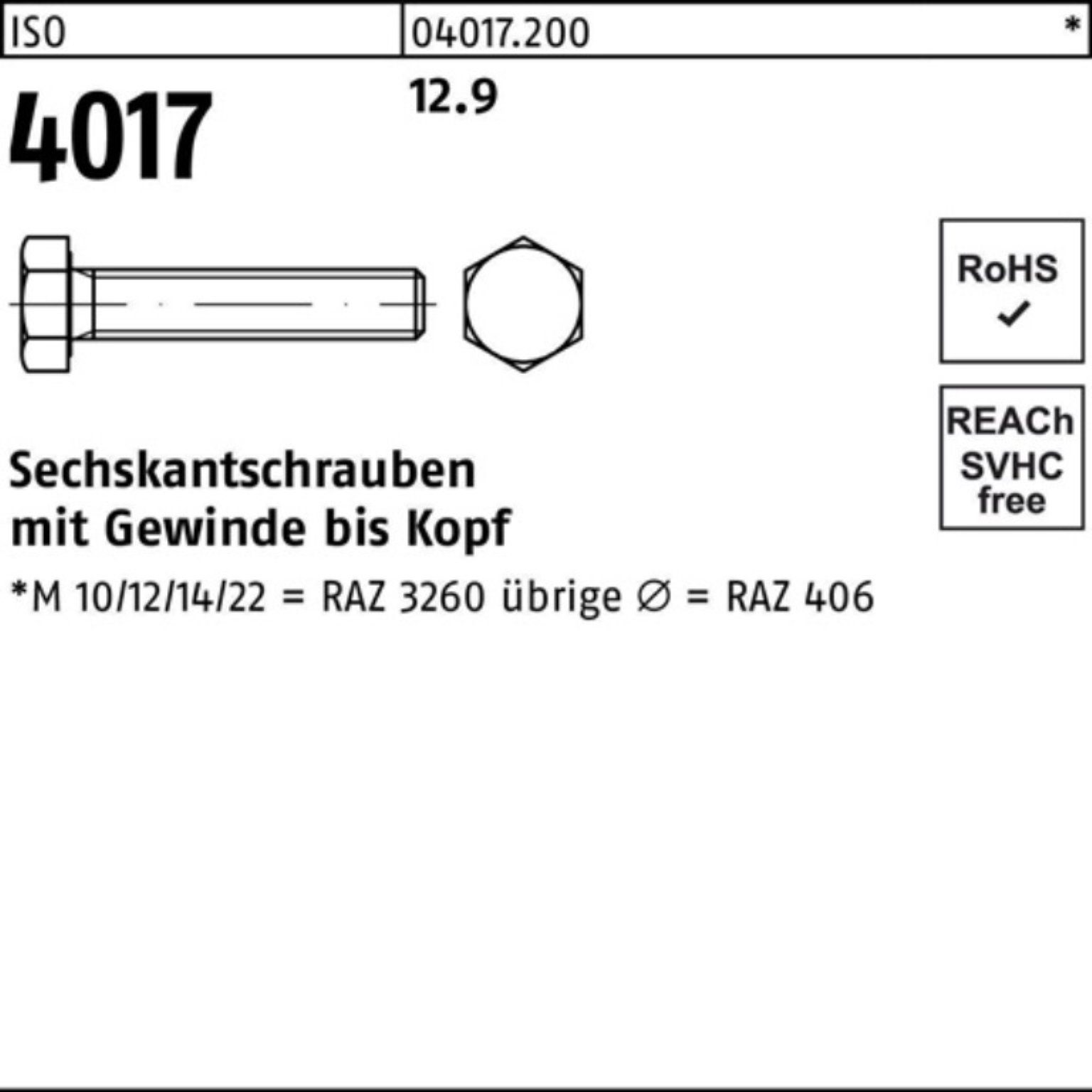 äußern Bufab Sechskantschraube 100er 4017 Sechskantschraube 12.9 ISO Pack 60 Stück VG 40 M24x 25 ISO